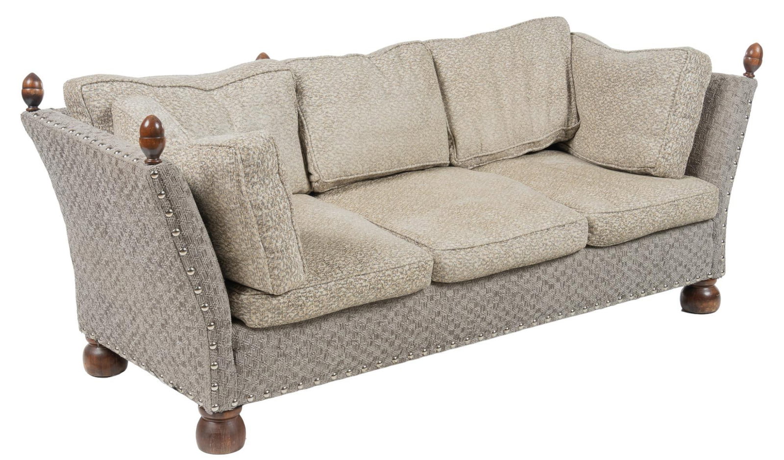 Gray Sofa: Sofa, featuring dual-toned upholstery, metal nailhead accents, wood finial accents, bun feet height 34 in. x width 85 in. x depth 37 in. Provenance: A prominent Terrill Hills, Texas collection We happ