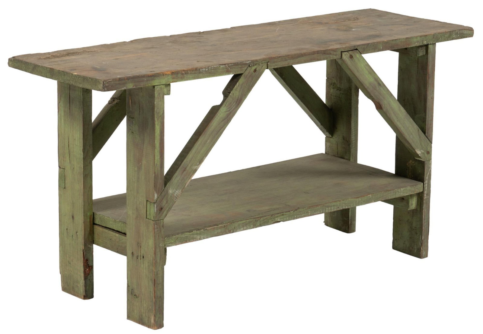 Rustic Bench: Rustic bench, with green paint, buttressed plank top, over storage tier height 21 in. x width 41.5 in. x depth 13 in. We happily provide seamless shipping services on everything we sell. Please email 