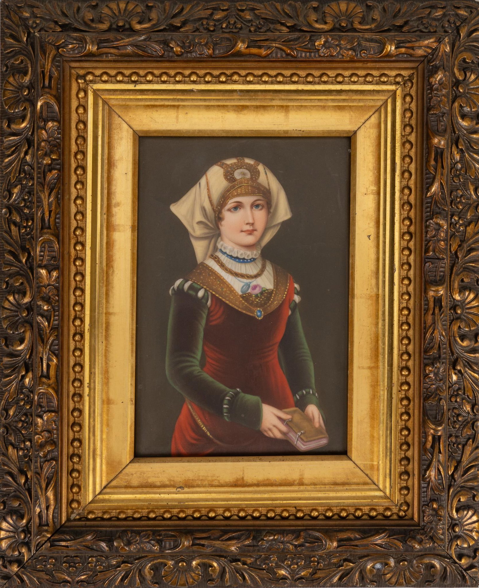 Framed Reproduction of Renaissance Woman: Framed reproduction of Renaissance woman, with hand-painted raised detailing sight: 7 x 5 in., frame: 12 x 10 in. Provenance: Former inventory from the now-closed Charlott's Antiques on Austin Hig