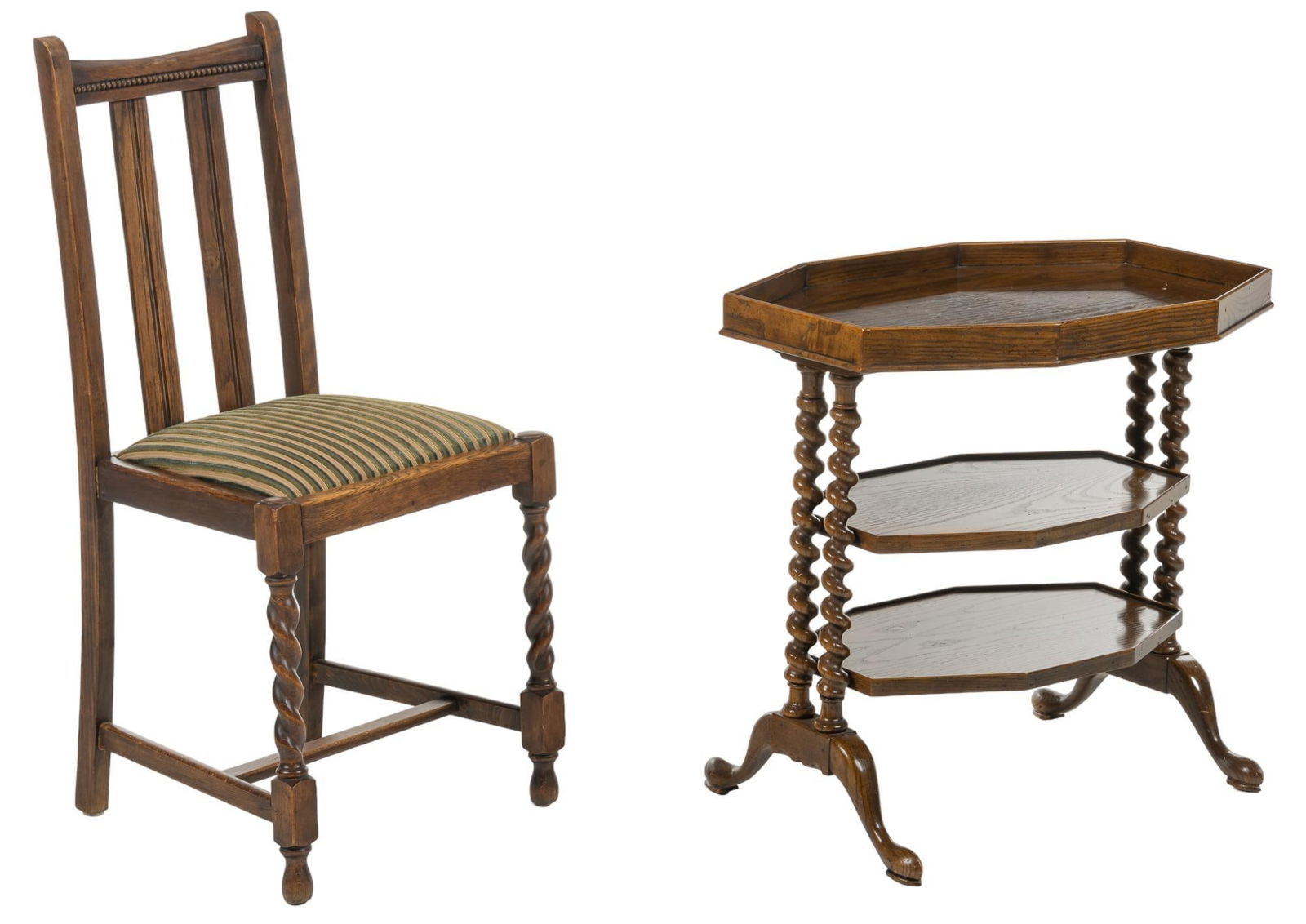 Barely Twist End table and Chair: Two pieces of barley twist furniture, to include on chair with slat back, upholstered cushion, rising on barley twist legs with h-stretcher, and one table with eight-sided top tray section, above two