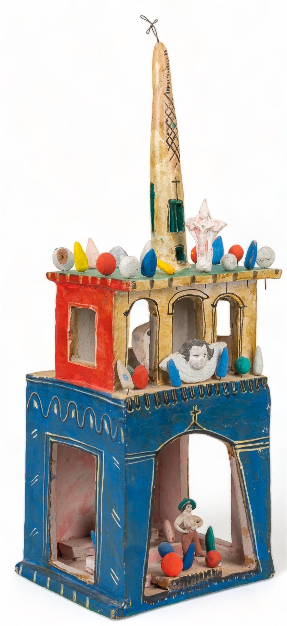 Vintage Betus Pottery Church: Vintage Mexican folk art (Jalisco) church, with. modeled, molded, and slab built betus clay, depicting a church, featuring interior housing figures height 23 in. x width 8 in. x depth 7.5 in. Proven