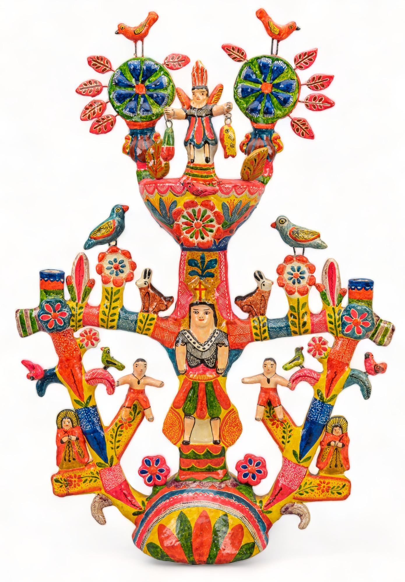 Attrib. Familia Castillo, Tree of Life Candelabra: Attributed to Familia Castillo, tree of life candelabra, molded ceramic, with hand-painted accents, featuring biblical theme, bird motifs, circa 1990s height 27 in. x width 19 in. x depth 7 in. Proven