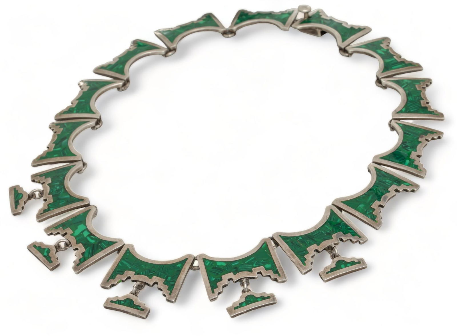 Mexican Sterling Silver and Malachite Collar: Mexican sterling silver and malachite collar, marked length 17.5 in. total weight: 106.6 grams We happily provide seamless shipping services on everything we sell. Please email us at shipping@vo