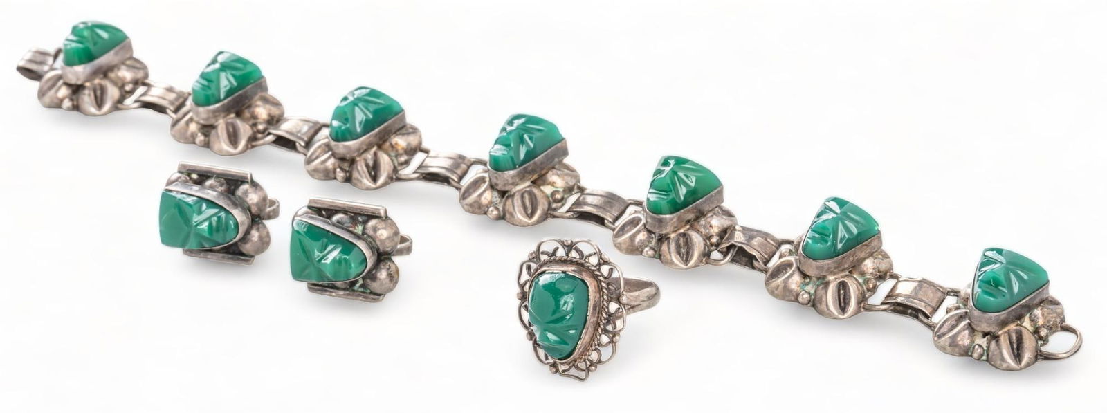 (3) Mexican Carved Face Green Onyx Jewelry Set (1 of 8)