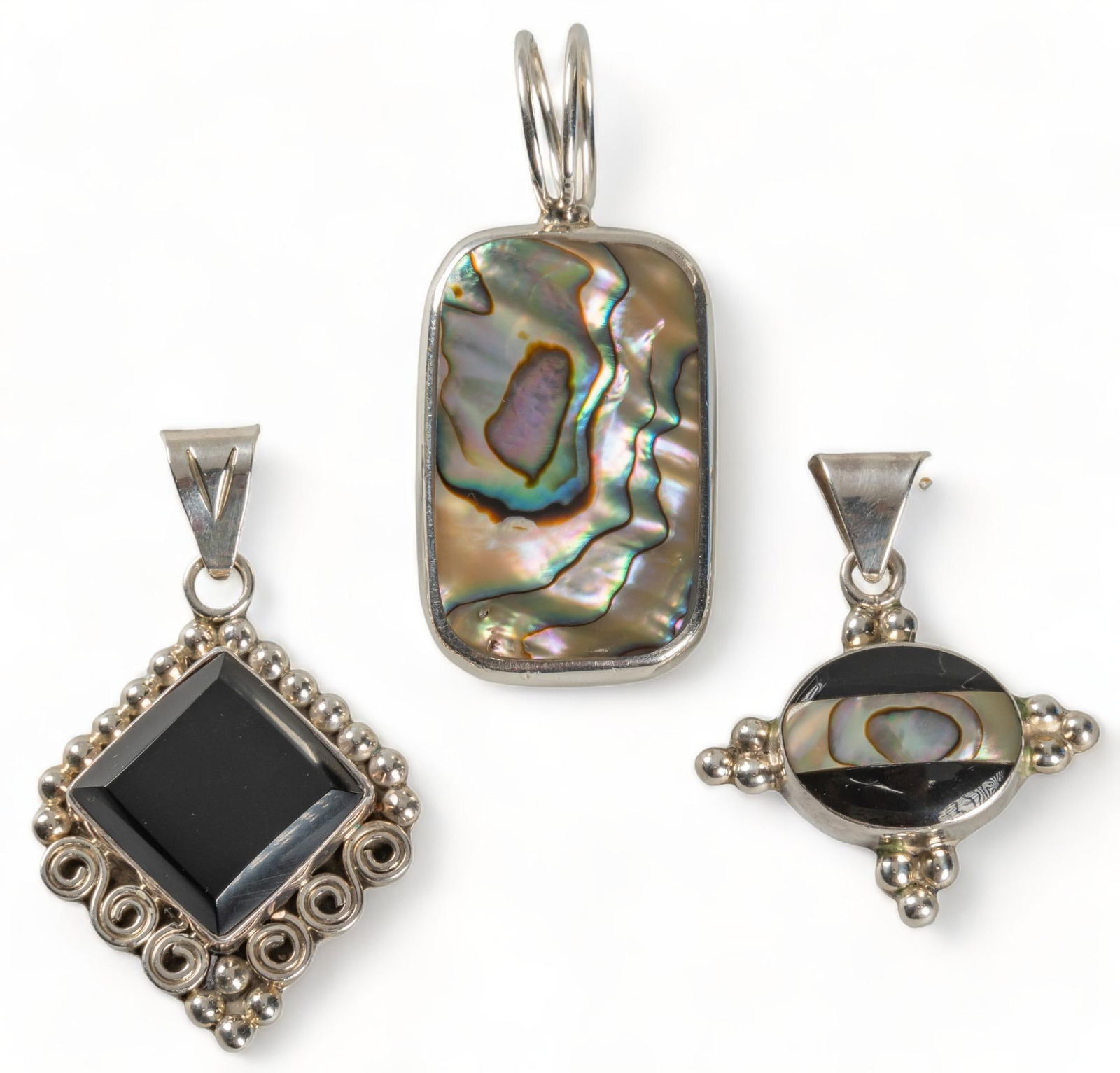 (3) Sterling Silver Onyx and Mother of Pearl Pendants (1 of 6)