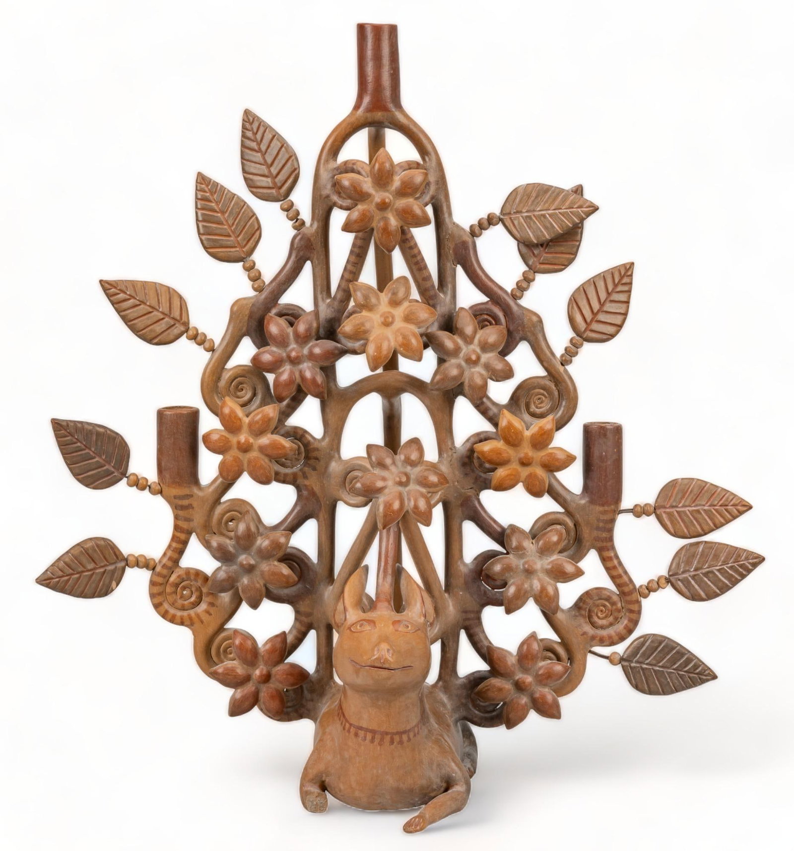Burnished Tree of Life Candelabra: Burnished tree of life candelabra, in the style of Heron Martinez Mendoza, supporting three candles, burnished surface, featuring intricate lattice like structure, on figural dog base height 23 in. x 