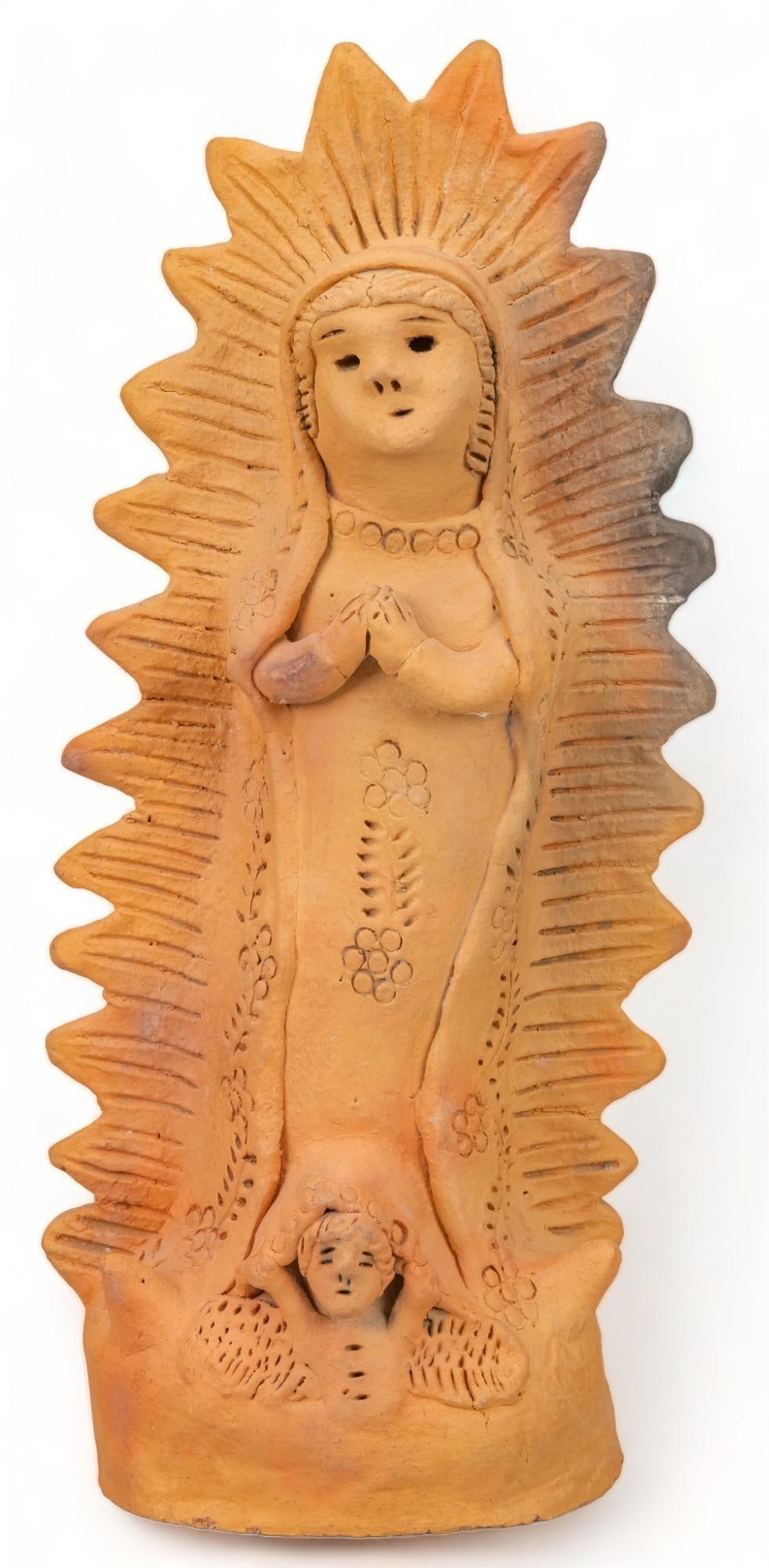 Jose Gonzalez Mendez, Terracotta Virgen de Guadalupe Statue: Jose Gonzalez Mendez (Santa Maria Tavehua, Oaxaca), La Virgen de Guadalupe statue, modeled terracotta, unglazed height 20 in. x width 9 in. x depth 7 in. Provenance: Property from the life-long Mexi