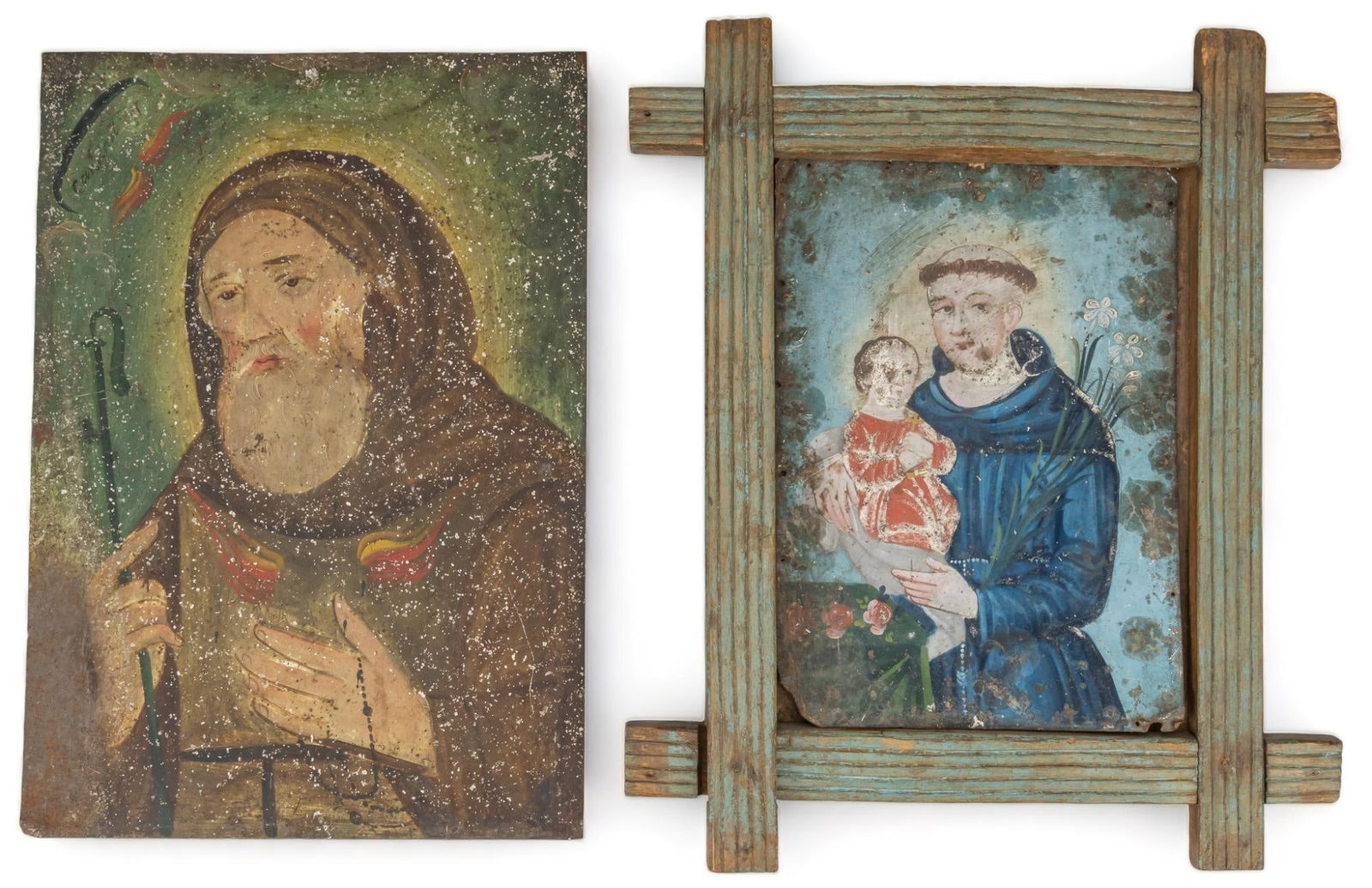 (2) 19th C. Mexican Retablos, San Francisco de Paula and San Antonio (1 of 7)