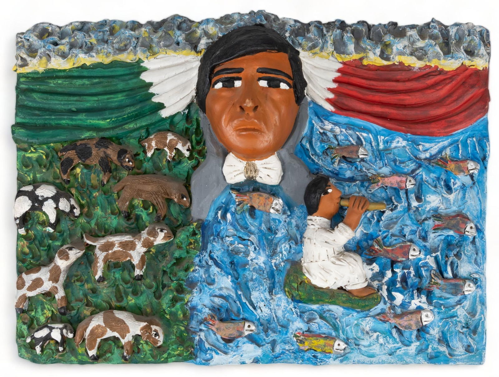 Luiz Valencia Mendoza, Ceramic Plaque: Luis Valencia Mendoza (Ocotlan, Oaxaca), ceramic plaque, depicting a figure crossing a body of water, modeled and painted clay, signed height 13.5 in. x width 18 in. x depth 4 in. Provenance: Proper