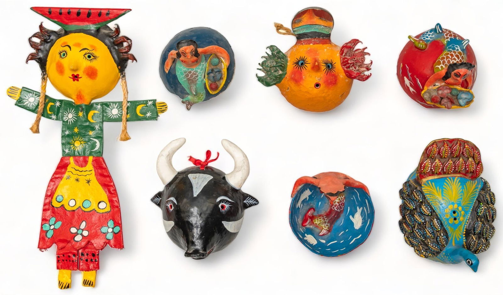 Collection of (7) Vintage Folk Art Coconut Bowls and Masks (1 of 7)