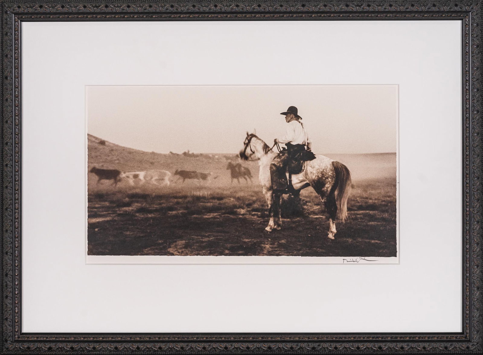 Call and the Herd, Lonesome Dove Signed Bill Wittliff Photograph: Bill Wittliff (1940-2019, USA) Call and the herd 1988, photograph of Tommy Lee Jones as Captain Woodrow Call from the "Lonesome Dove" television miniseries (1989), framed and matted by John Sc
