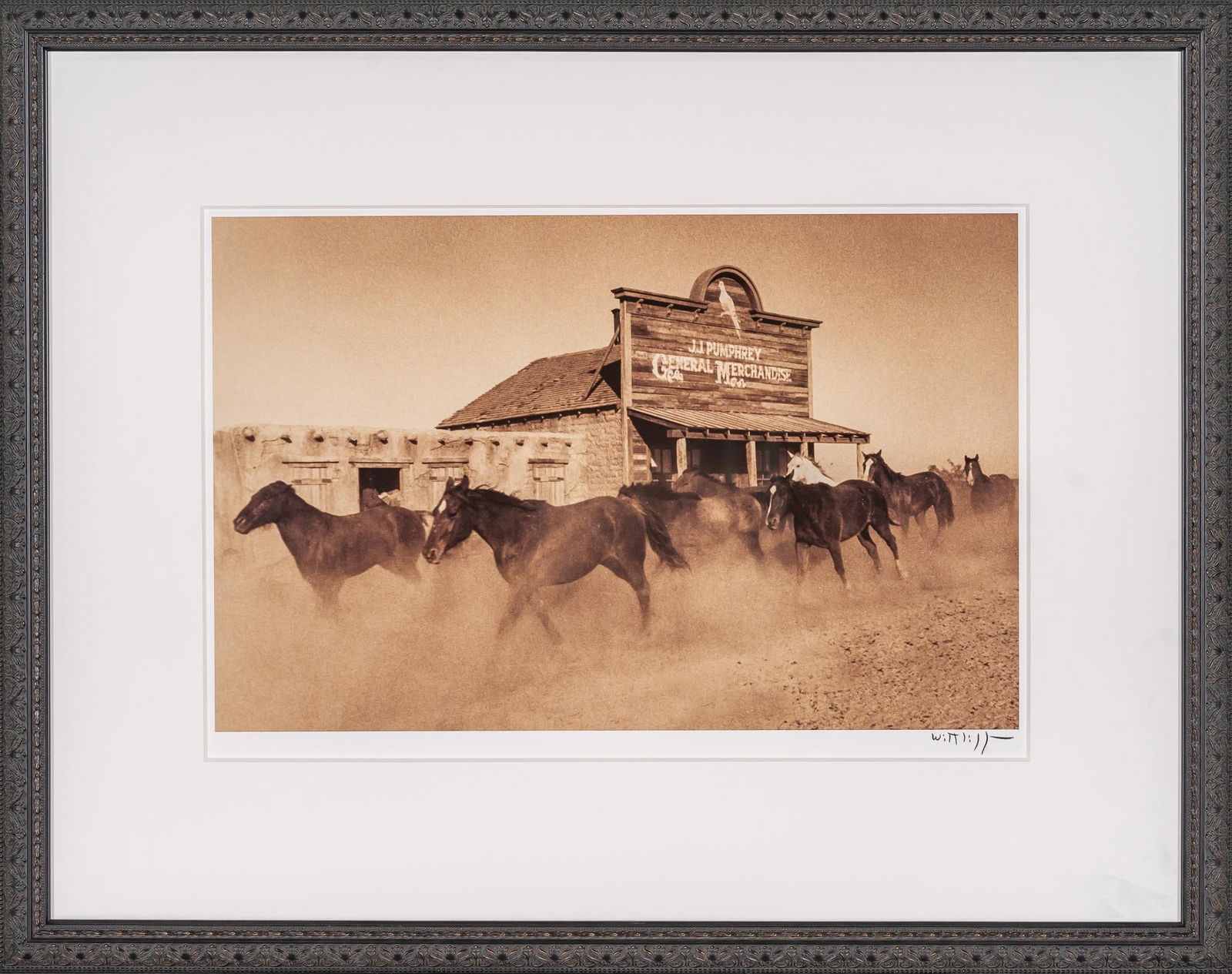 "Running Through Lonesome Dove", Signed Bill Wittliff Photograph: Bill Wittliff (1940-2019, USA) "Running Through Lonesome Dove", 1988, photograph from the "Lonesome Dove" television miniseries (1989), sepia-toned framed and matted by John Scott (Aus