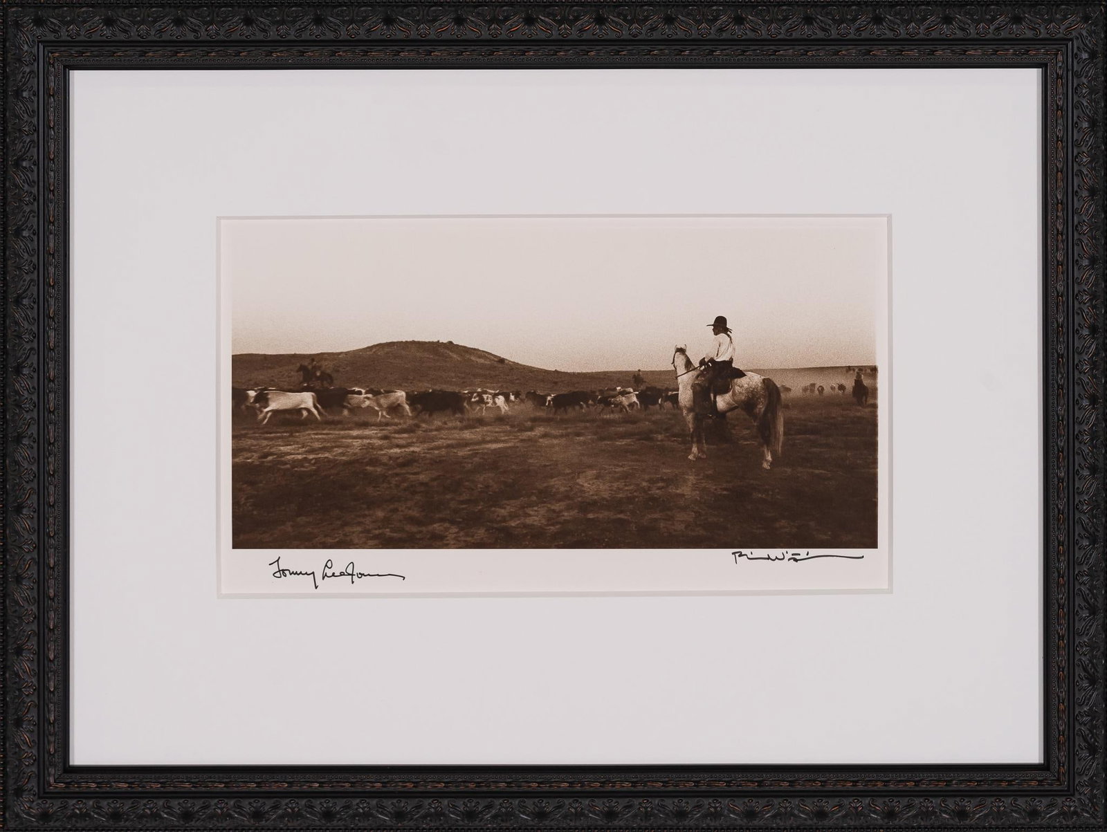 Call on Horse, Lonesome Dove Double Signed Bill Wittliff Photograph: Bill Wittliff (1940-2019, USA) Call on Horse, 1988, photograph of Tommy Lee Jones as Captain Woodrow F. Call from the "Lonesome Dove" television miniseries (1989), framed and matted by John Sc