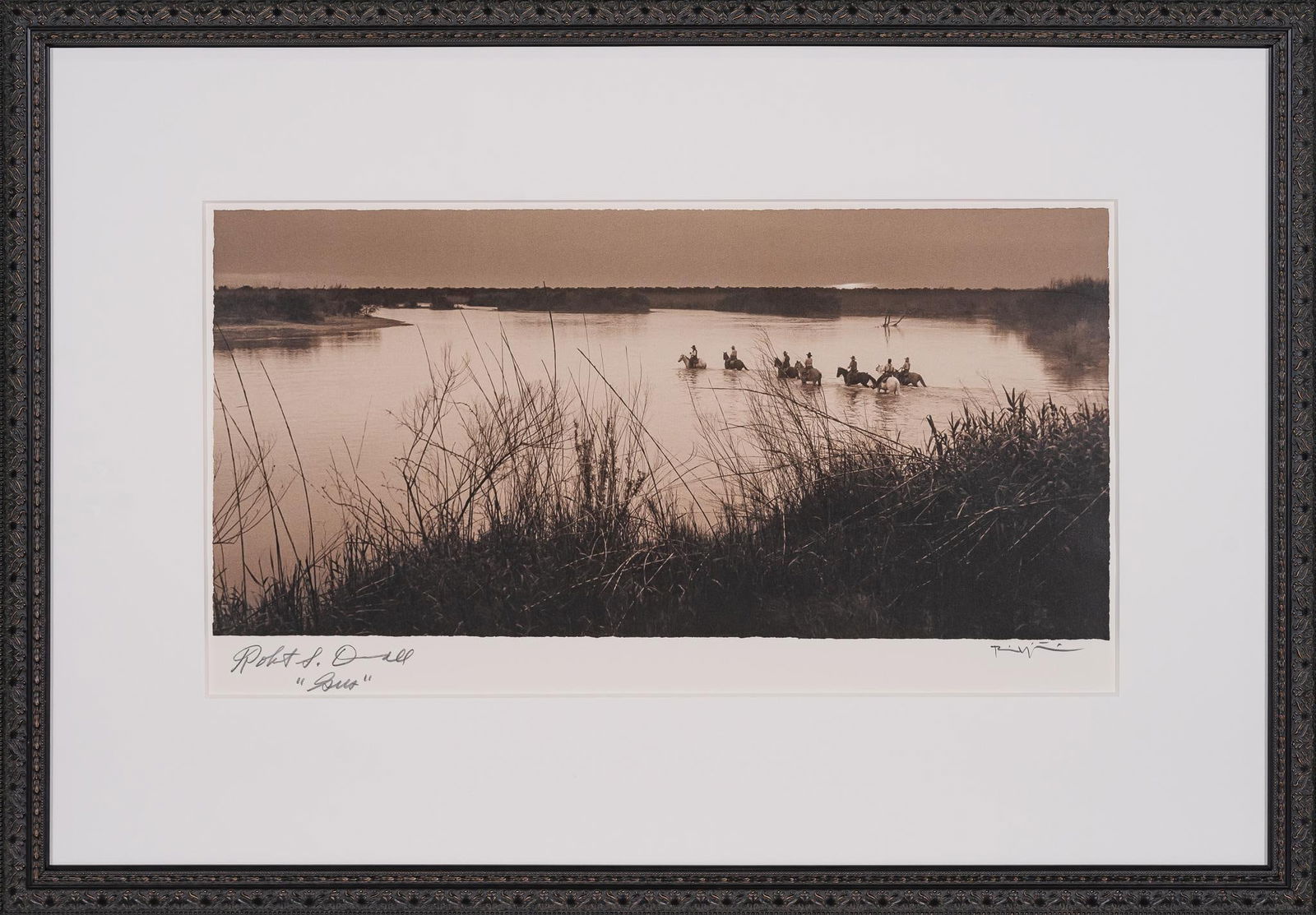 "Crossing the Rio Grande", Lonesome Dove Double Signed Bill Wittliff Photograph: Bill Wittliff (1940-2019, USA) "Crossing the Rio Grande", 1988, photograph from the "Lonesome Dove" television miniseries (1989), sepia-toned, framed and matted by John Scott (Austin,