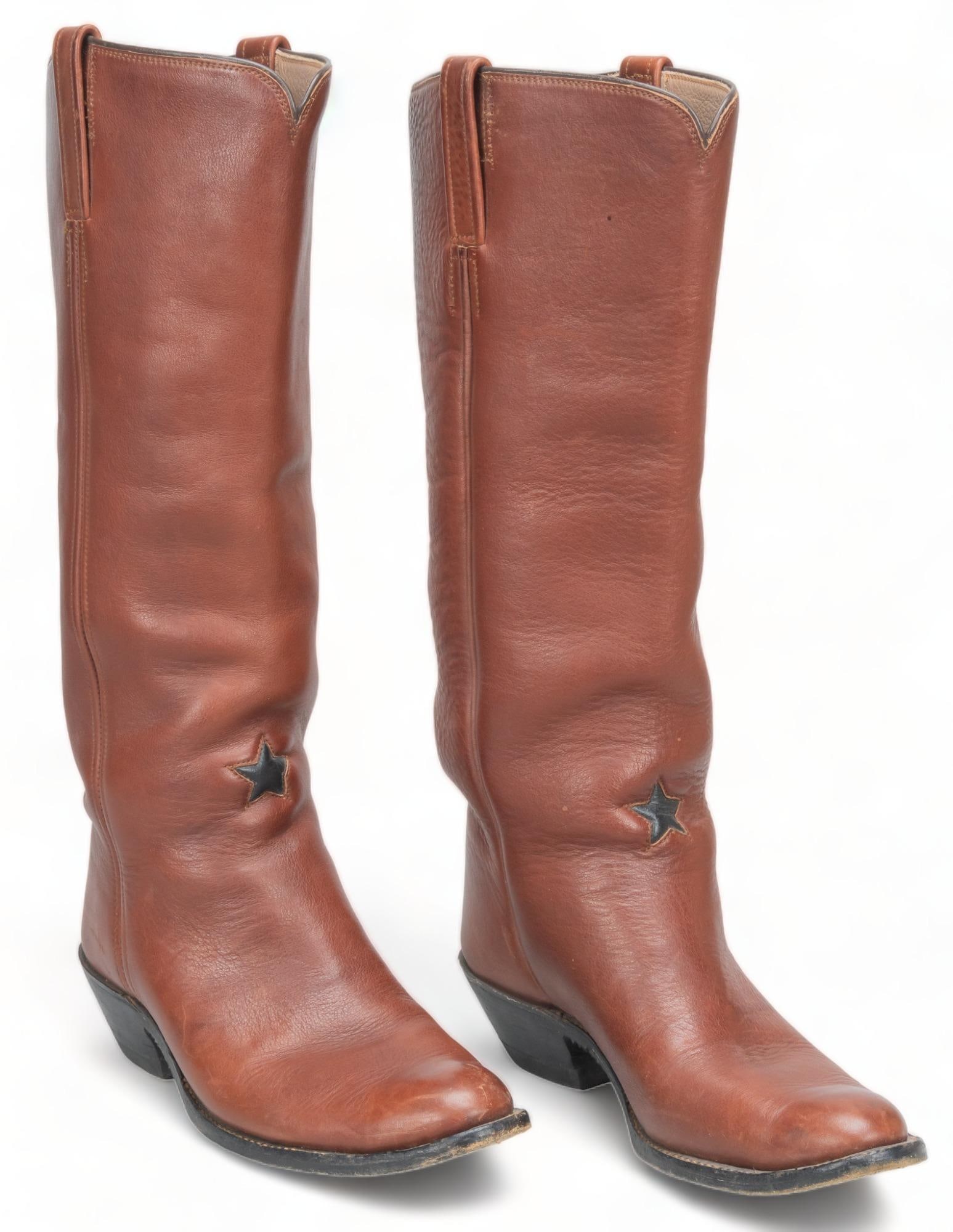 Pair of Lonesome Dove Style Boots: Pair of Boot Co. brown leather cowboy boots, styled after those worn by Robert Duvall as his "Lonesome Dove" character, Gus McCrae, marked size "Jumbo 8-9" height 18 in. x width 4.5