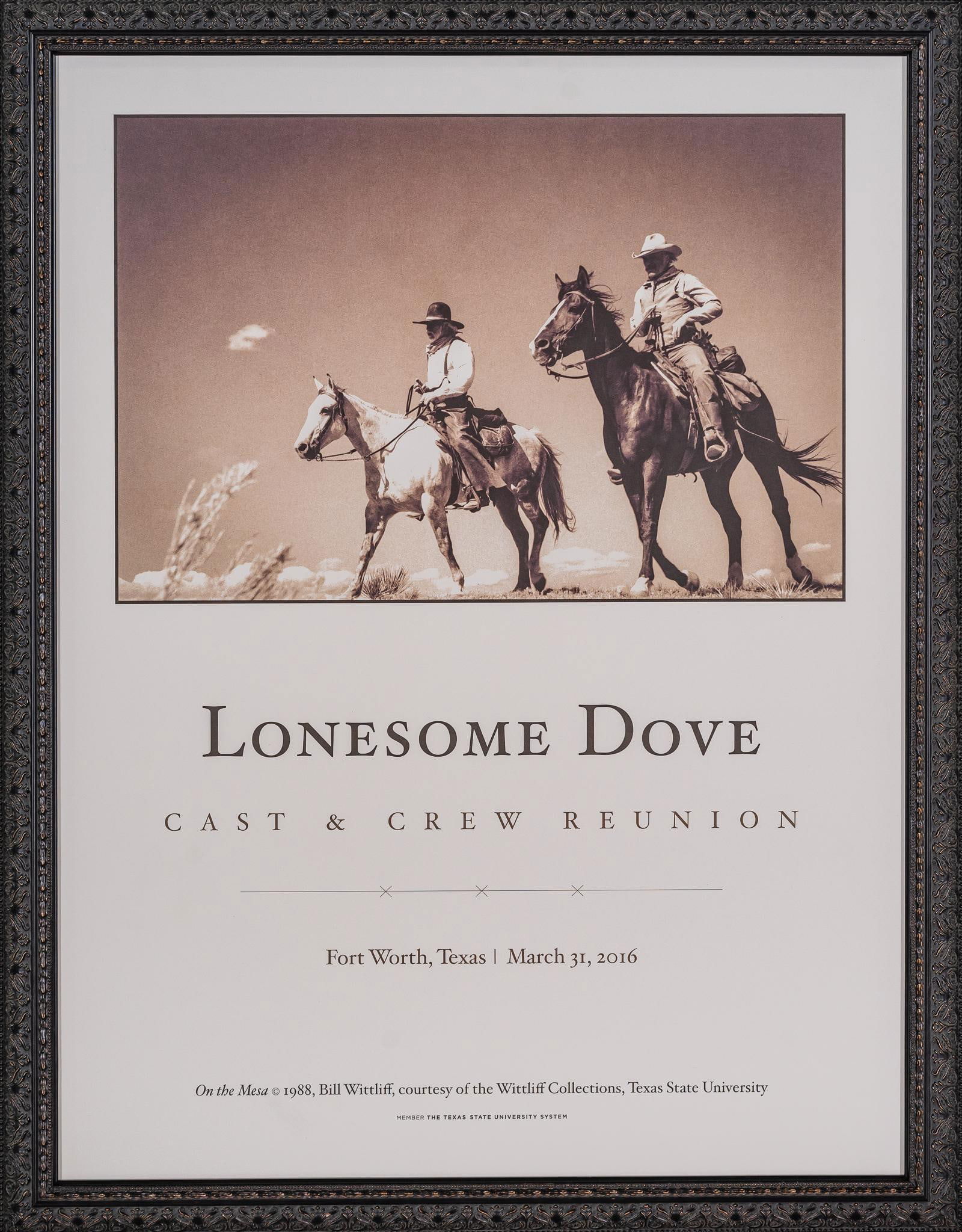 Lonesome Dove Reunion Poster: Poster describing the Lonesome Dove cast and crew reunion, hosted in Fort Worth, Texas in 2016, featuring Bill Wittliff's "On the Mesa" 1988 photograph of Robert Duvall and Tommy Lee Jones