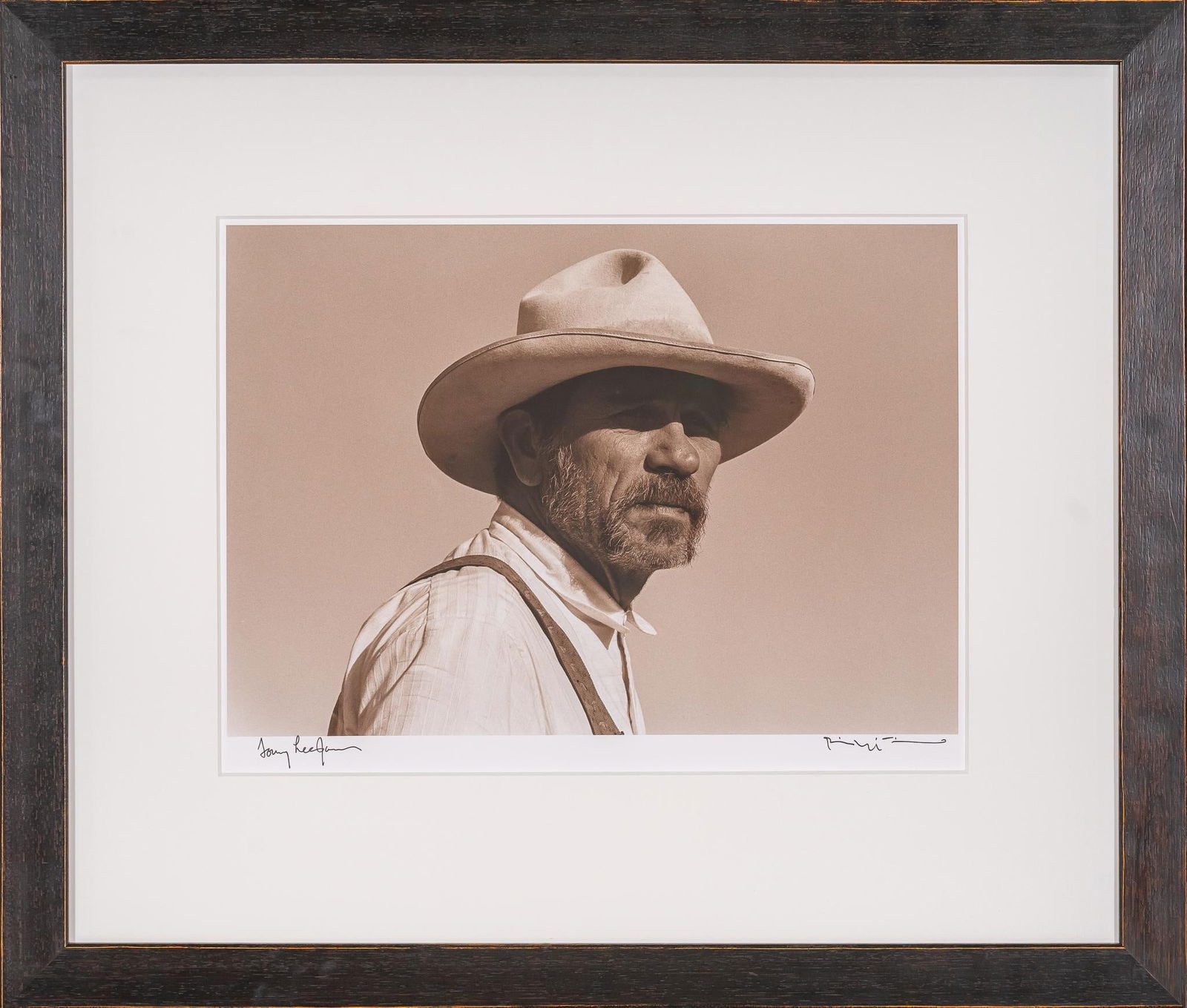 "Hewey", The Good Old Boys, Double Signed Bill Wittliff Photograph: Bill Wittliff (1940-2019, USA), photograph of Tommy Lee Jones as Hewey Calloway in the 1995 television film "The Good Old Boys", framed and matted by John Scott (Austin, Texas) under museum glass, han