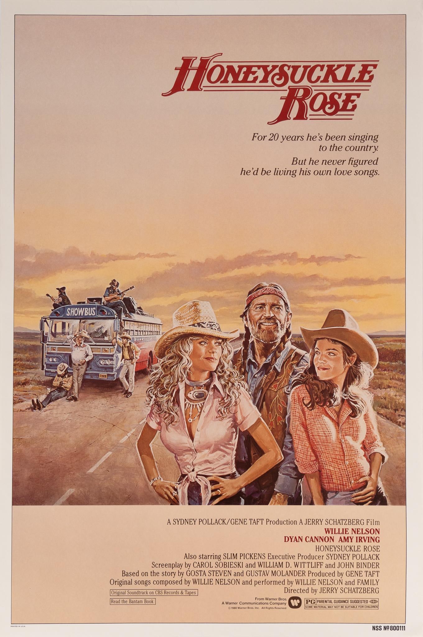 Honeysuckle Rose Movie Poster: Honeysuckle Rose (1980) movie poster, starring Willie Nelson, screenplay by Bill Wittliff, unmatted, in protector sleeve size: 40.75 x 27 in. Provenance: Property from the personal estate collectio