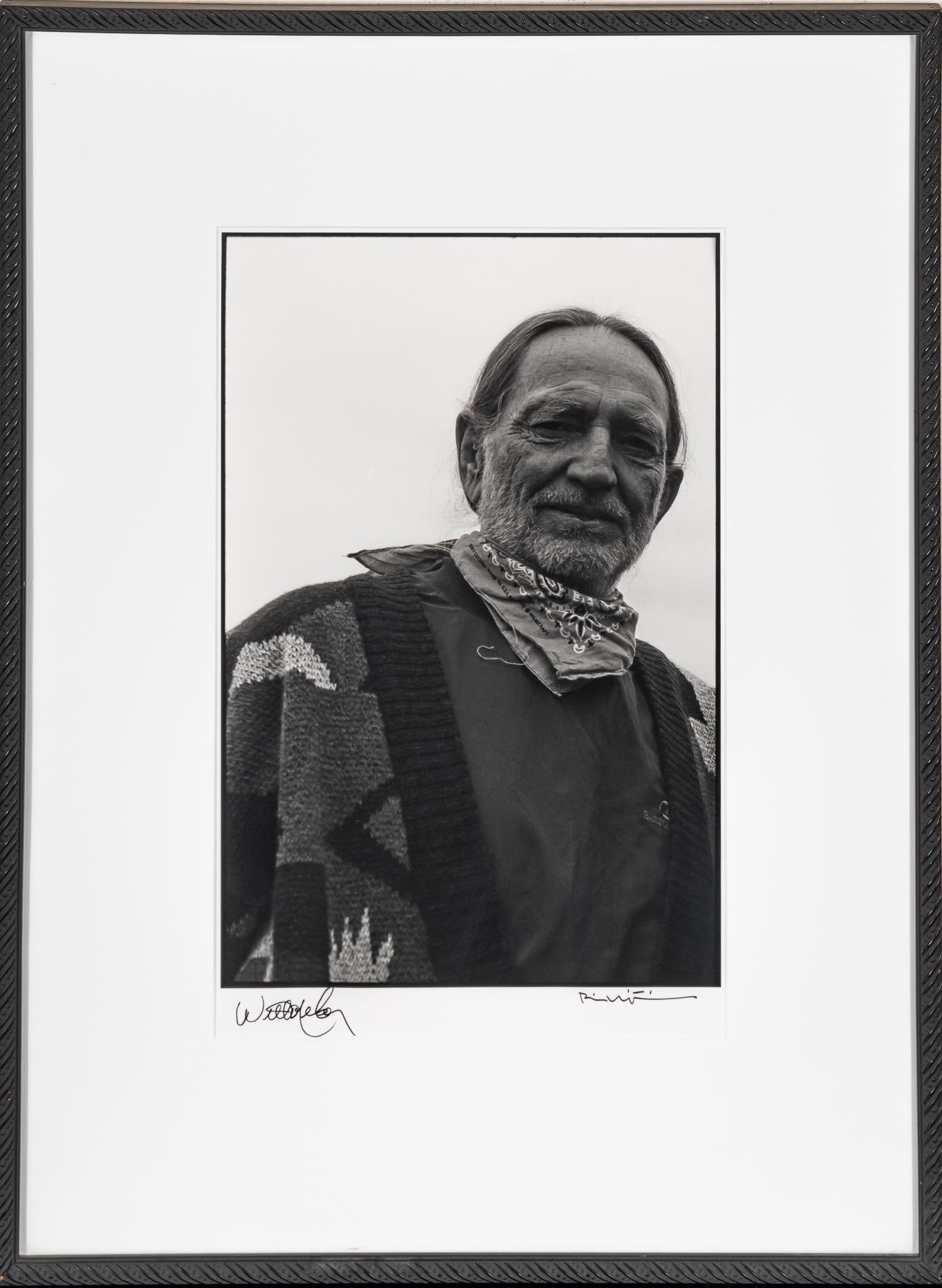 Willie Nelson Double Signed Bill Wittliff Photograph: Bill Wittliff (1940-2019, USA) Willie Nelson, photograph of country musician and actor Willie Nelson (USA), 20th century, framed and matted by John Scott (Austin, Texas) under museum glass, hand-signe