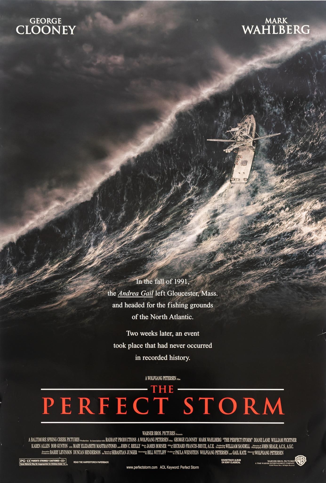 The Perfect Storm Movie Poster: The Perfect Storm (2000) movie poster, double sided, starring George Clooney, screenplay written by Bill Wittliff, unmatted, in protector sleeve size: 40 x 27 in. Provenance: Property from the persona