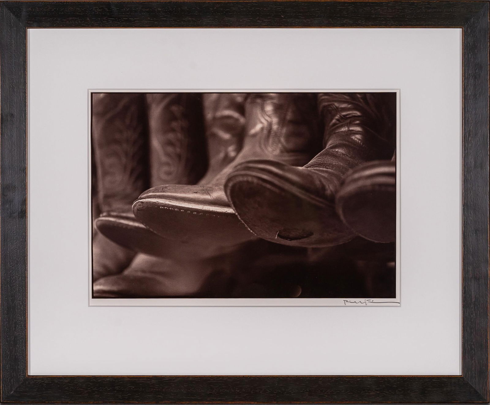 Boots, Signed Bill Wittliff Photograph: Bill Wittliff (1940-2019, USA) boots, 20th century photograph, framed and matted by John Scott (Austin, Texas) under museum glass, hand-signed by Bill Wittliff at bottom right sight: 13 x 19 in., fra