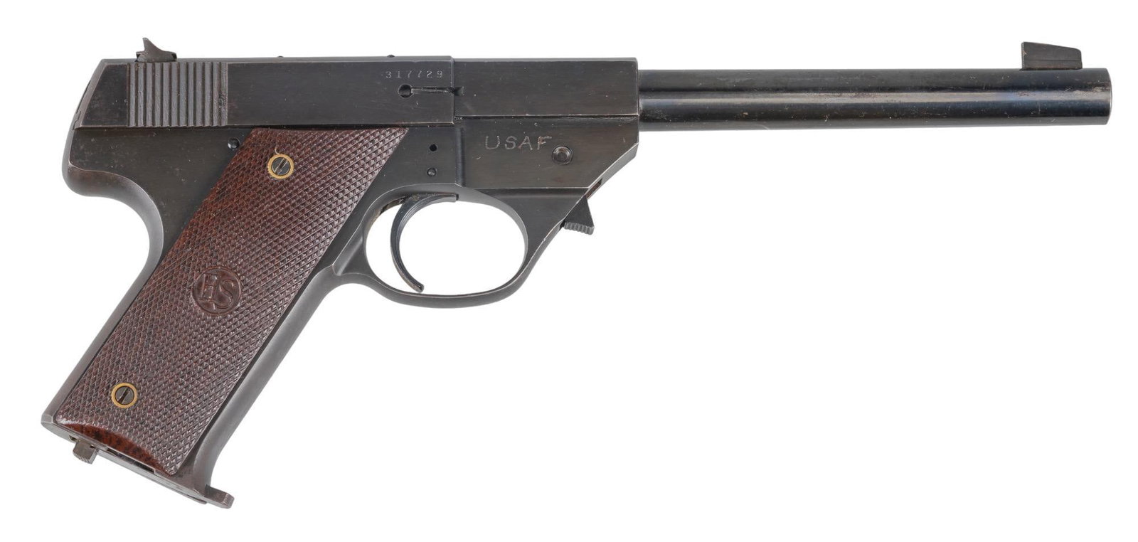 US Airforce Marked Hi Standard Model GB 22 LR Pistol: US Airforce Marked Hi Standard Model GB 22 LR Pistol Serial: 317729 Manufacturer: Hi Standard Model: GB Caliber: 22 LR Barrel Length: 6.75 in. OAL: 11 in. Condition: Good; brown Bakelite grips have li