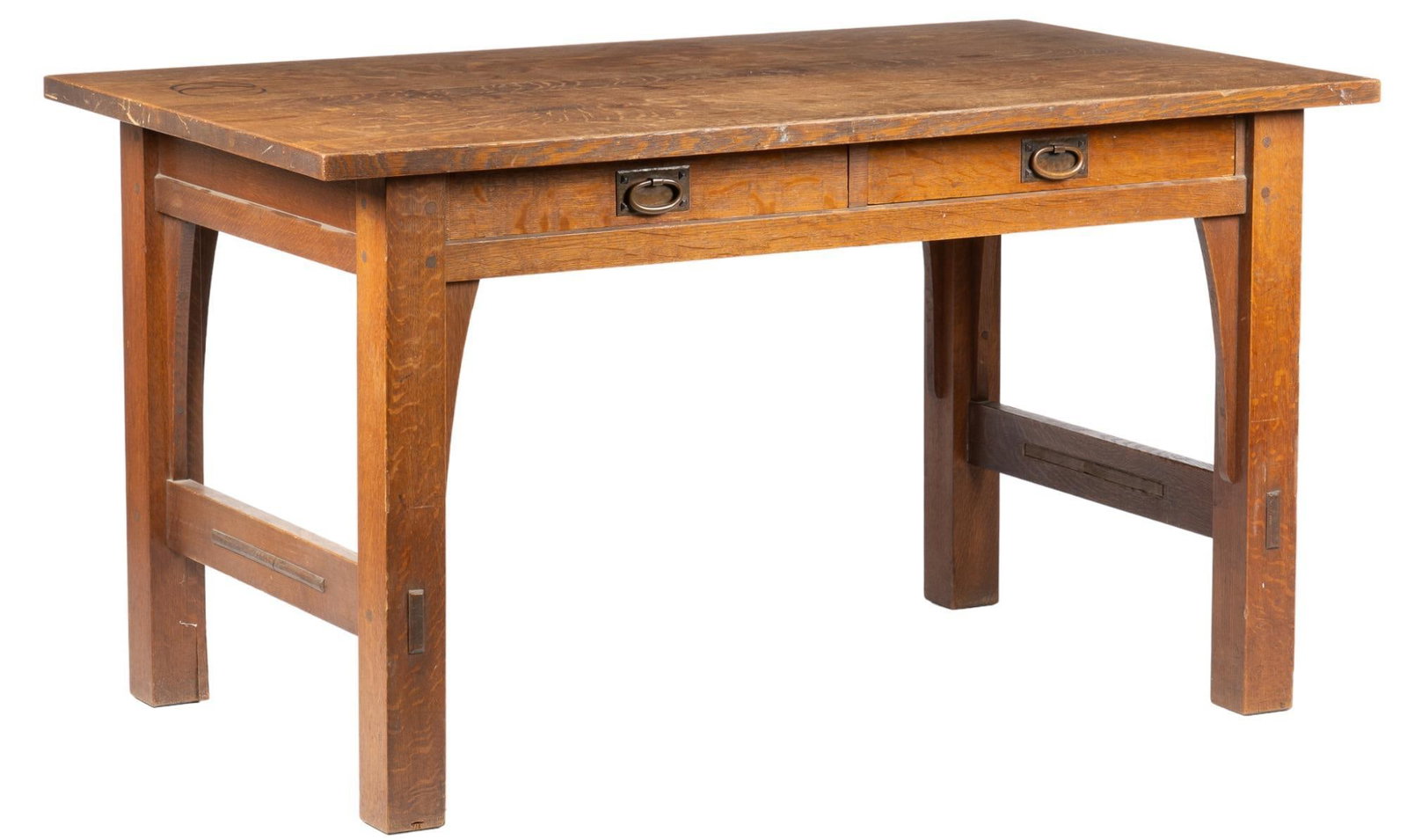 Bill Wittliff's Work Table: Bill Wittliff's vintage Gustav Stickley (USA) oak work desk, with oversize top, above two drawers with ring pulls, rising on stretchered block legs, with metal accents, used by Mr. Wittliff for ma