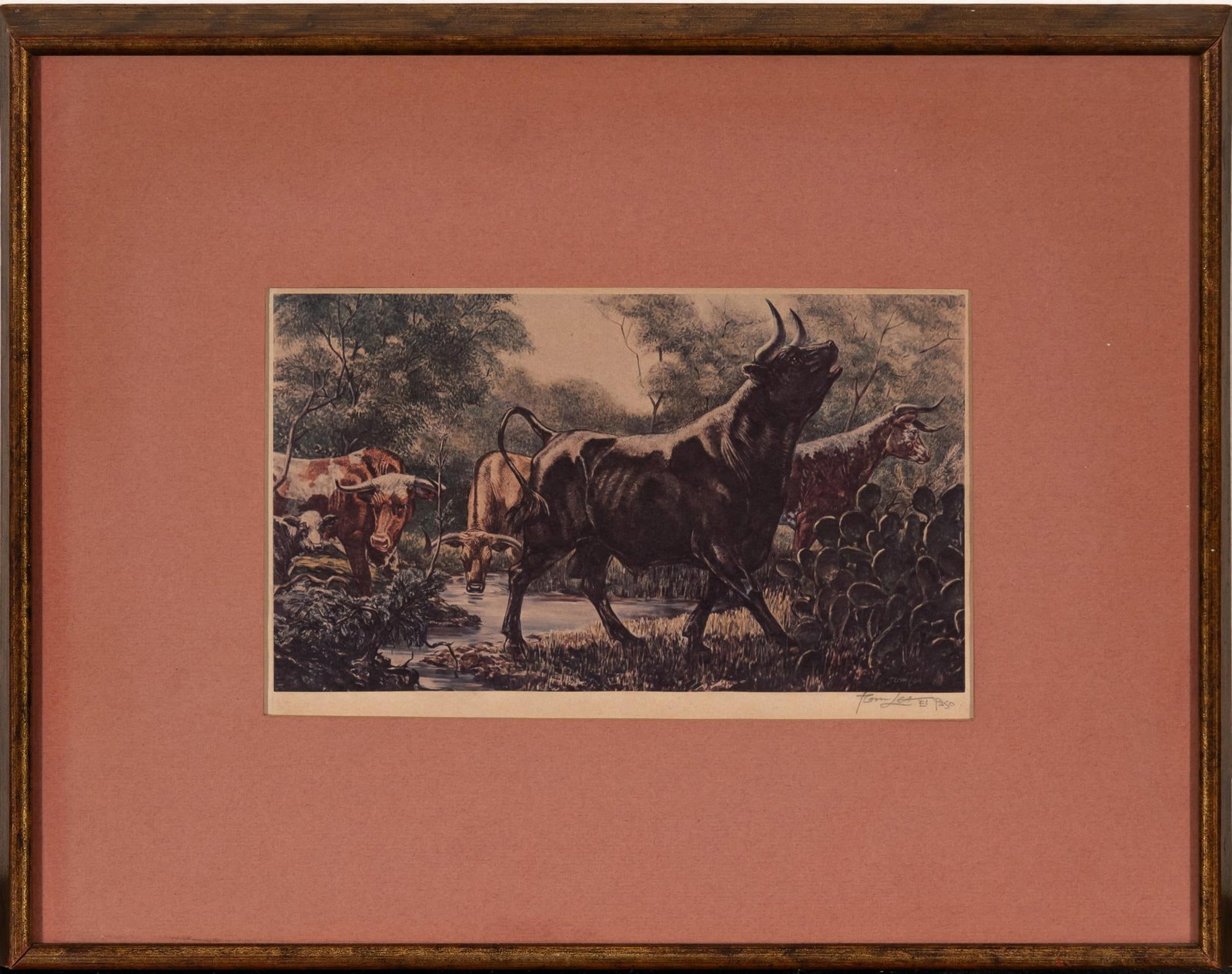 Tom Lea, Cattle Grazing: Tom Lea (Texas, 1907-2001), cattle grazing, offset lithograph signed "Tom Lea, El Paso" in margin sight: 5.5 x 9.5 in., frame: 13 x 16.5 in. Provenance: Property from the personal estate collection of