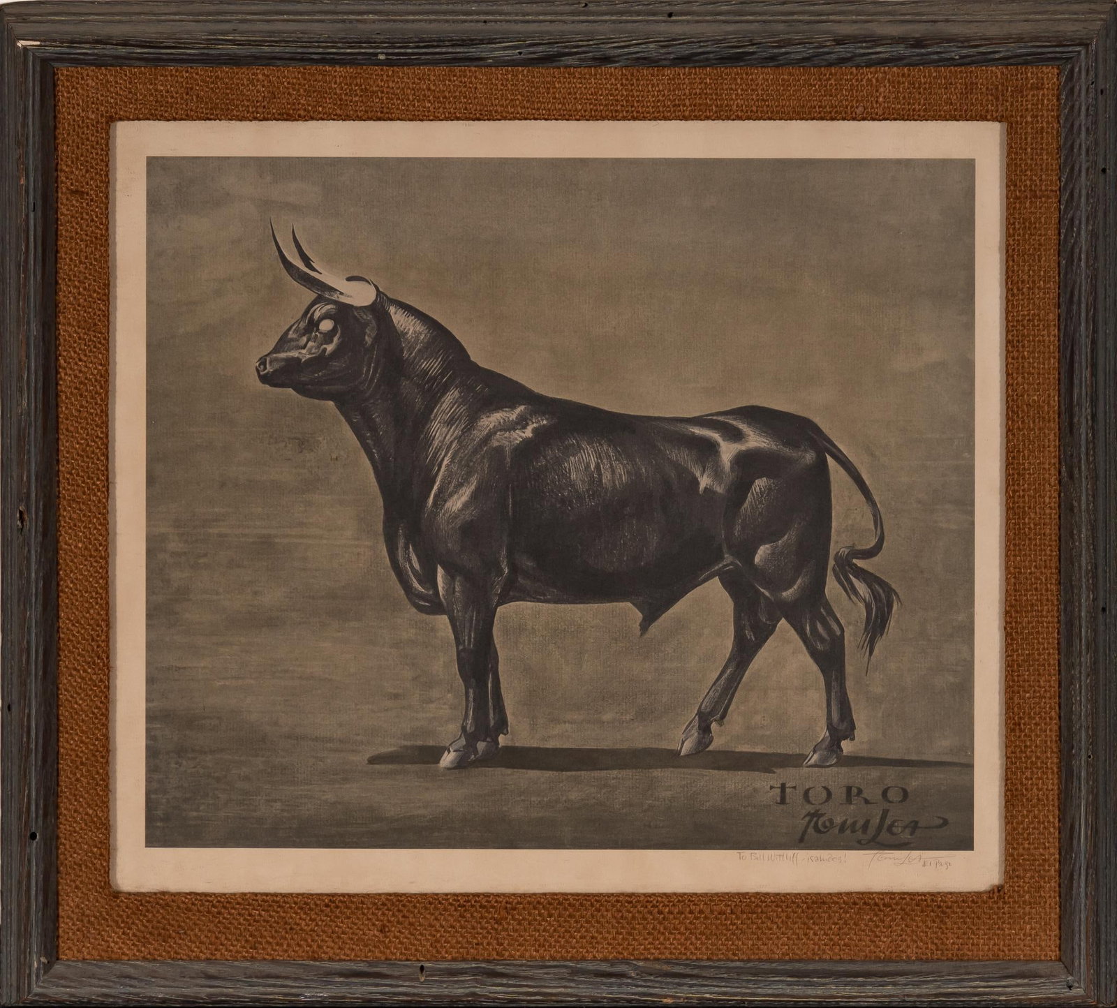 Tom Lea, "Toro": Tom Lea (Texas, 1907-2001), "Toro", offset lithograph, inscribed by the artist "To Bill Wittliff -- saludos!" and signed "Tom Lea, El Paso" sight: 11 x 13 in., frame: 16 x 18 i