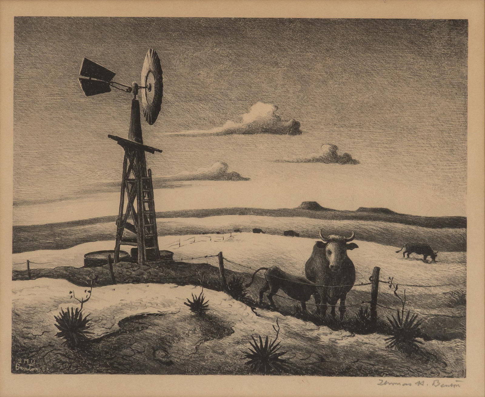Thomas Hart Benton, "West Texas": Thomas Hart Benton (Missouri / Massachusetts, 1889-1975), "West Texas", windmill with steer, pencil-signed lithograph, 1952, inscription in plate reads "SMU Benton 52" sight: 11 x 13.5