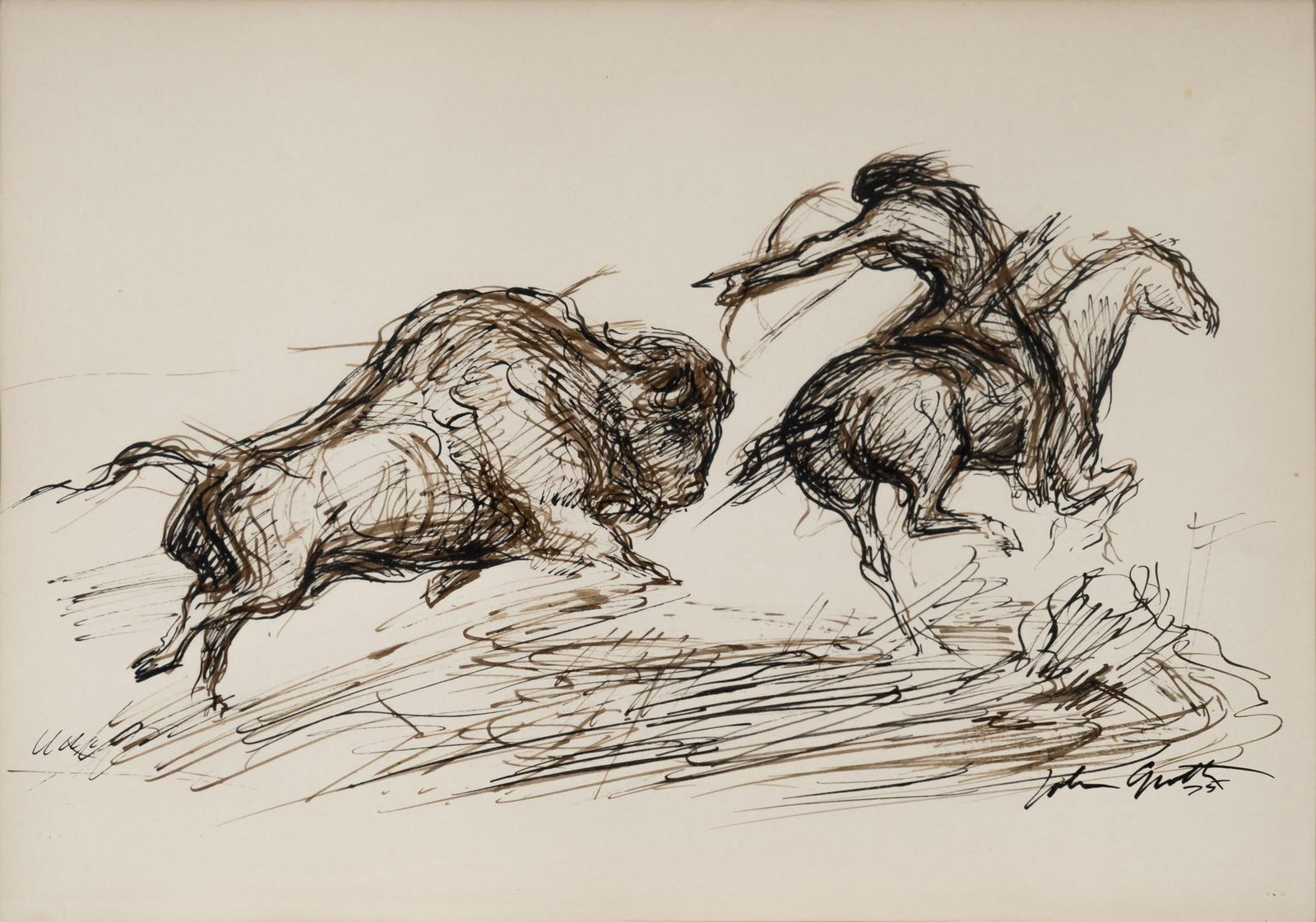 John Groth, Buffalo Hunt, 1975: John Groth (Am., 20th C.), buffalo hunt, 1975, ink and wash on paper sight: 13 x 18 in., frame: 23 x 28.5 in. Provenance: Property from the personal estate collection of noted photographer and scree