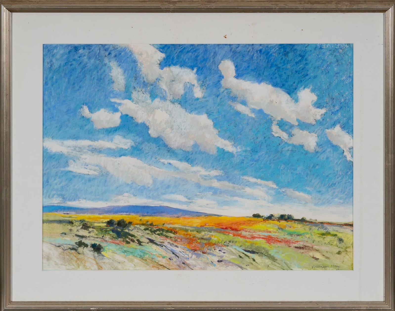 William Llewellyn Hoey, Texas Landscape, 1993: William Llewellyn Hoey (Texas, 1930-1994), Texas landscape, 1993, pastel and oil on wooden panel, with personal inscription "Bill Wittliff -- from the cast and crew of NED BLESSING -- Episodes 1-6