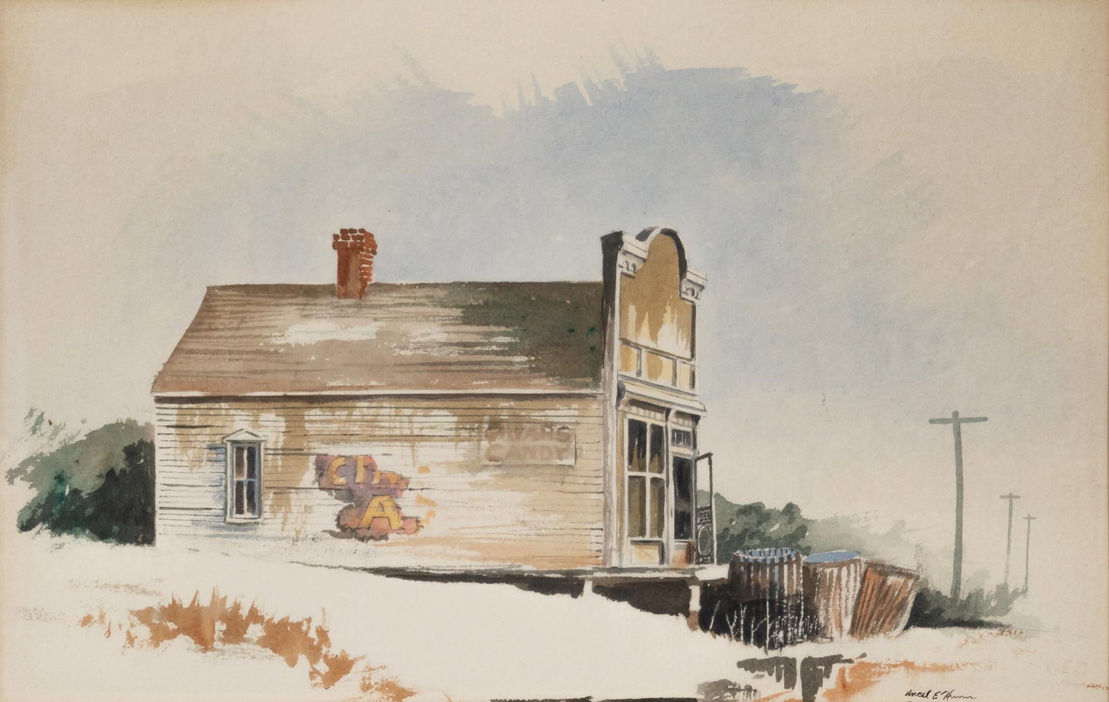 Ancel E. Nunn, "Study of an Old Store", 1972: Ancel E. Nunn (Texas, 1928-1999), "Study of an Old Store", 1972, watercolor on artist paper, date is concealed by matting sight: 13 x 20 in., frame: 22.5 x 28.5 in. Provenance: Property from t
