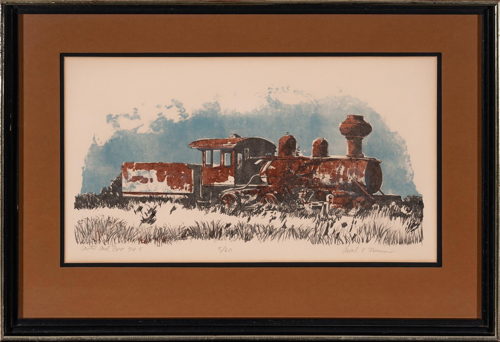 Ancel E. Nunn, "Carter and Burke No. 5", 5/60: Ancel E. Nunn (Texas, 1928-1999), "Carter and Burke No. 5", signed and numbered lithograph in colors, ed. 5/60 sight 10.5 x 19 in., frame: 17 x 25 in. Provenance: Property from the personal es