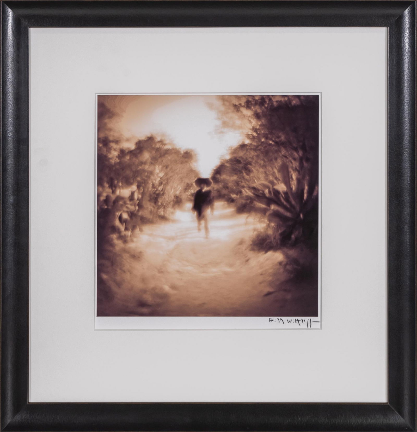 By the Agave, Signed Bill Wittliff Photograph: Bill Wittliff (1940-2019, USA) by the agave, 20th century photograph of man standing down path, near an agave plant, framed and matted by John Scott (Austin, Texas) under museum glass, hand-signed by