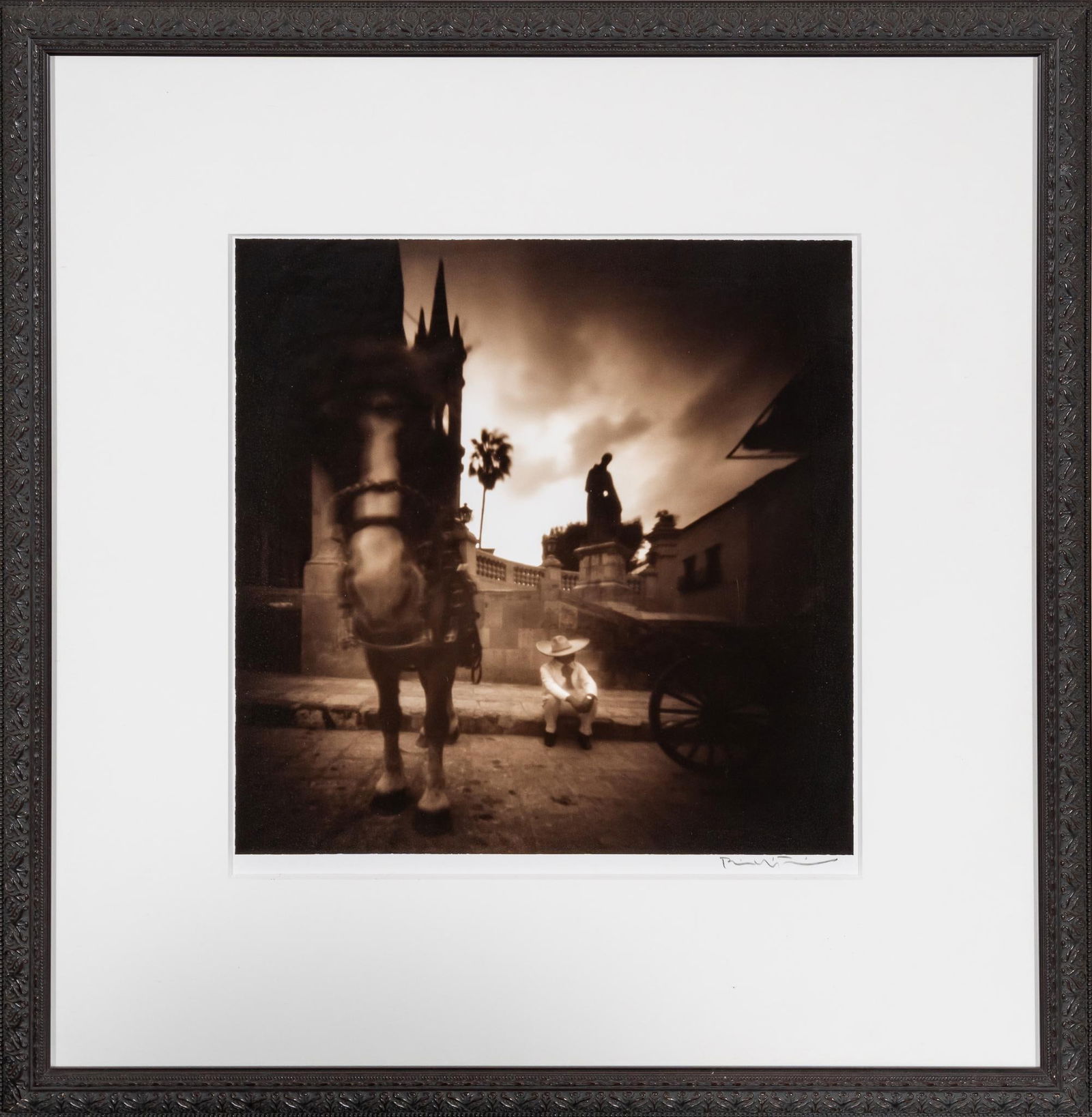 Sitting, Signed Bill Wittliff Photograph: Bill Wittliff (1940-2019, USA) sitting, 20th century photograph with vignette effect, framed and matted by John Scott (Austin, Texas) under museum glass, hand-signed by Bill Wittliff at bottom right