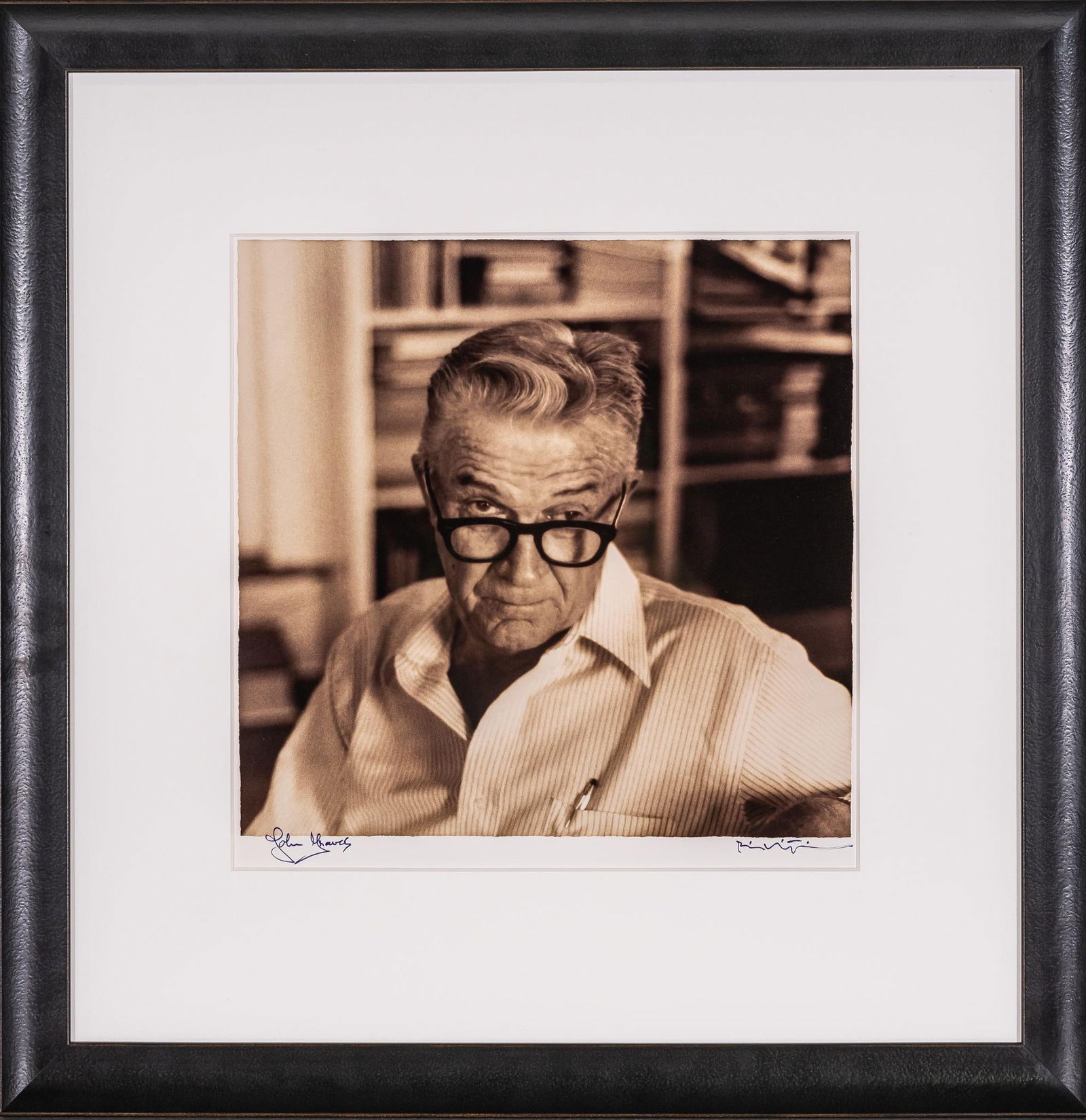 John Graves Signed Bill Wittliff Photograph: Bill Wittliff (1940-2019, USA) John Graves, 20th century photograph of American author John Graves, sepia-toned, framed and matted by John Scott (Austin, Texas) under museum glass, signed by Graves at