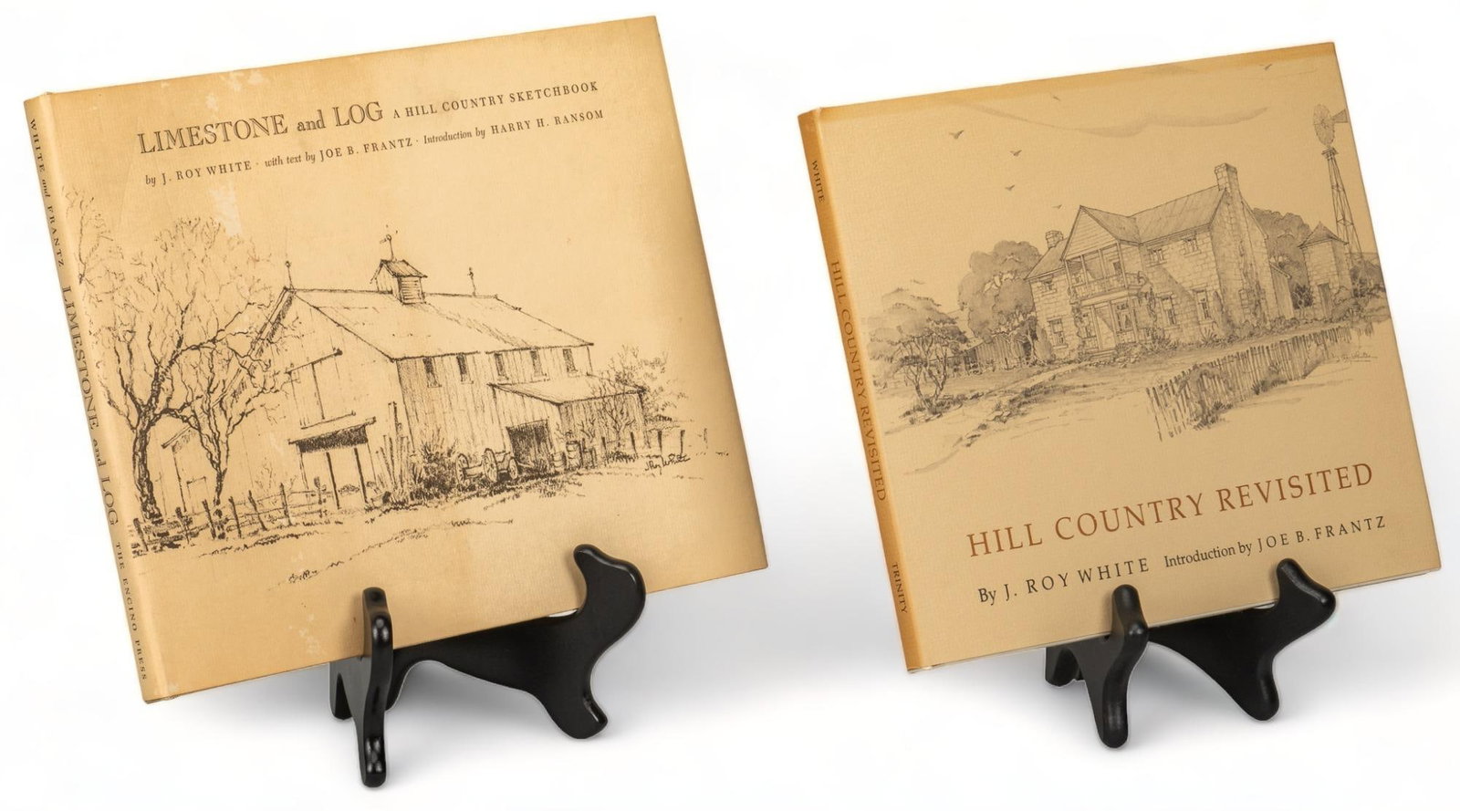 (2) Hill Country Sketchbooks by J. Roy White: Bill Wittliff's copies of two books sketchbooks featuring work by J. Roy White, including the 1968 first edition "Limestone and Log: A Hill Country Sketchbook", signed by the artist, with 