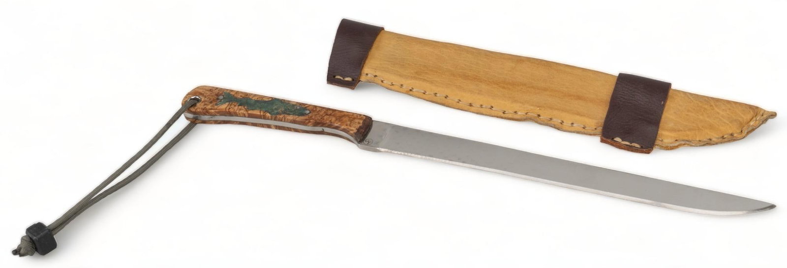 George Fernandez Custom Fish Filet Knife W/ Burl Wood & Jade Handle: Manufacturer: George Fernandez GF Custom Knives (Junction, TX) Model: Fish Filet Knife Handle Material: burl wood w/ jade inserts Blade Length: 10.75 in. OAL: 16.5 in. Condition: Very Good; blade has 