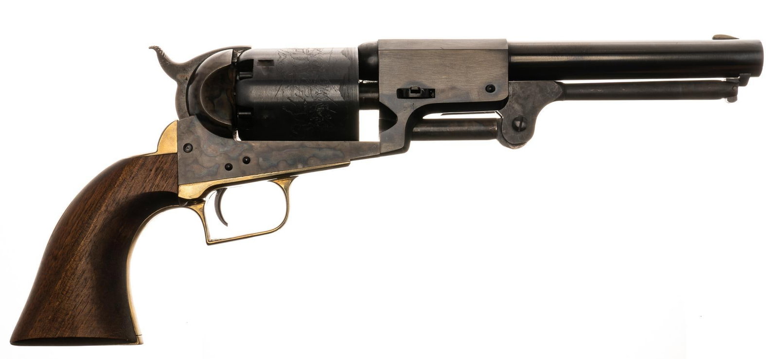 Colt "F" Series 2nd Model Dragoon 44 Cal Percussion Revolver: Serial: 31456 Manufacturer: Uberti/ Colt licensed Model: 2nd Gen " F" Series 2nd Dragoon Caliber: 44 Cal ball Barrel length: 7.5 in. OAL: 14.5 in. Condition: Very good; wooden grips are excell