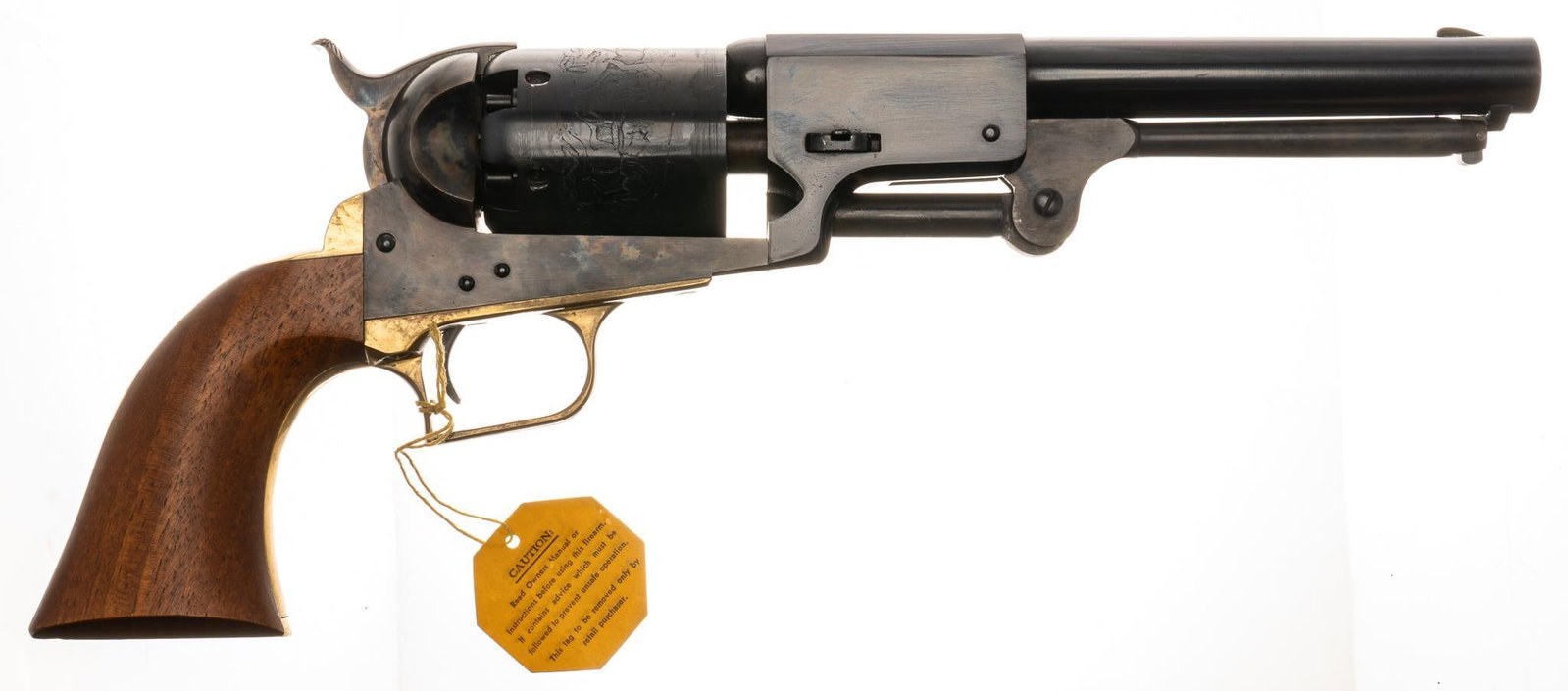 Colt "F" Series 1st Model Dragoon 44 Cal Percussion Revolver: Serial: 31456 Manufacturer: Uberti/ Colt licensed Model: 1st Gen "F" Series 1st Dragoon Caliber: 44 Cal ball Barrel length: 7.5 in. OAL: 14.5 in. Condition: Very good; wooden grips are excelle