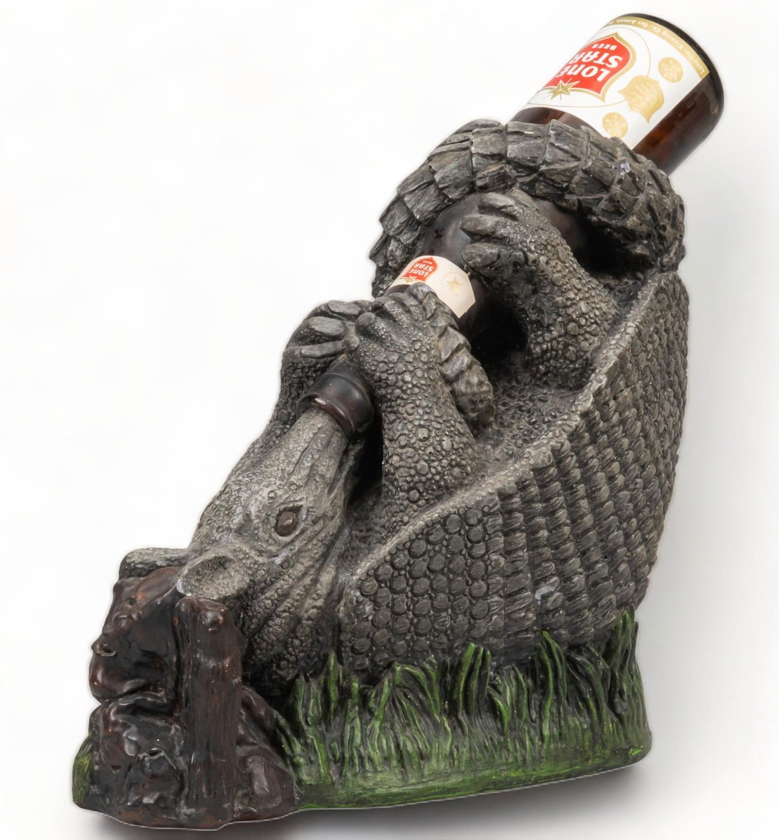 Vintage Lone Star Beer Advertising Figure: Vintage chalkware Lone Star Beer (San Antonio, Texas) advertising figure portraying an armadillo on his back drinking from a Lone Star Beer bottle, signed "Harold, 80" height 11.5 in. x width