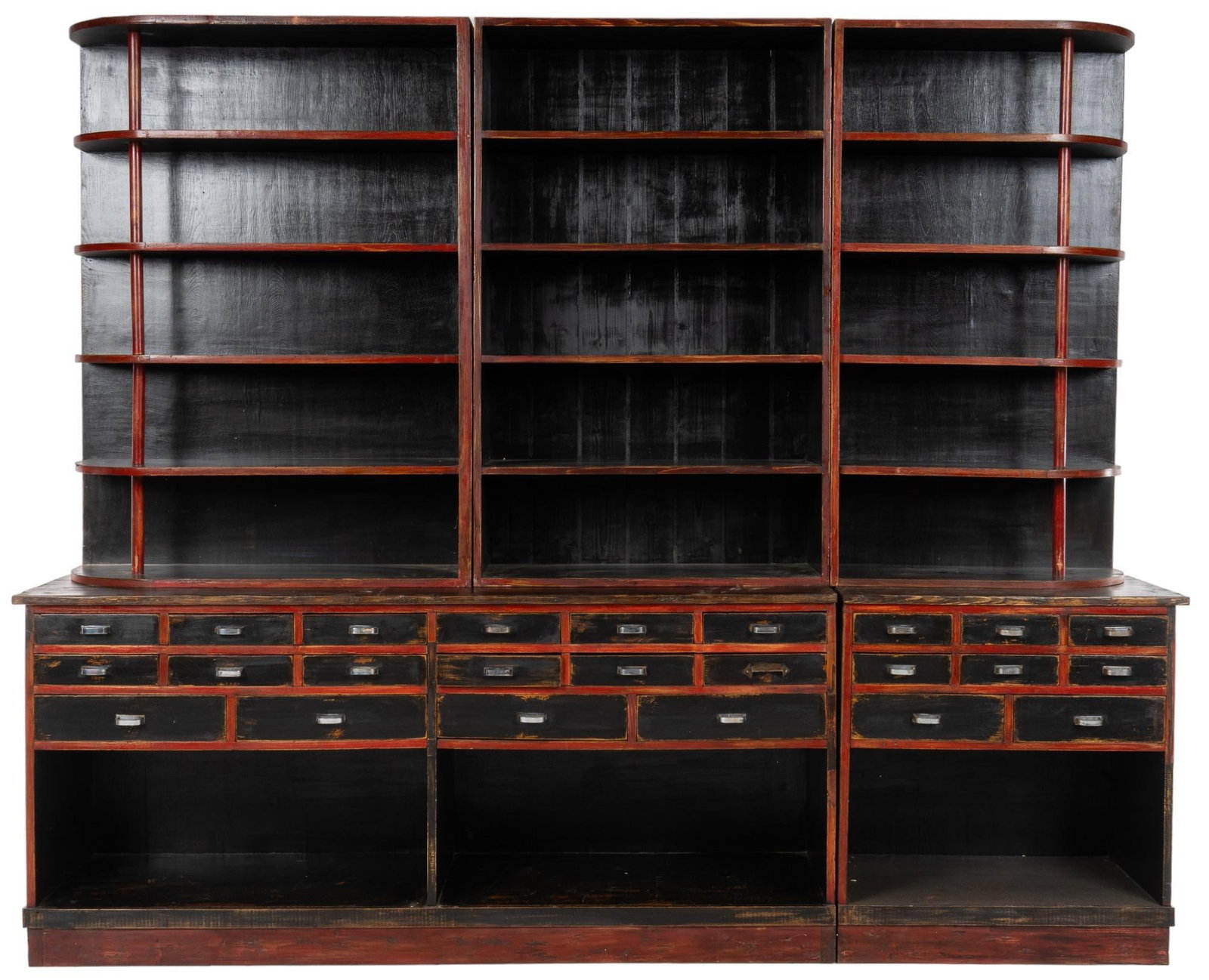 Monumental Rustic General Store Cabinet: Monumental rustic general store apothecary cabinet, with top section featuring fifteen main shelves, flanked by five curves shelves on both sides, above bottom section featuring twenty-four drawers, a