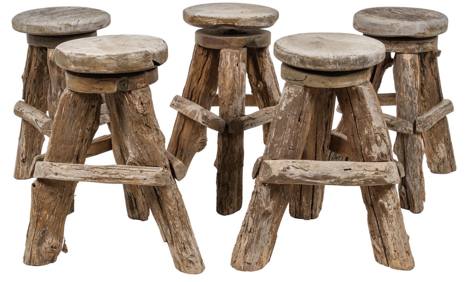 Set of (5) Primitive Teak Bar Stools: Set of five living edge primitive teak bar stools, swiveling seat, on base with splayed stretchered legs height 30.25 in. x width 25.25 in. x depth 25.25 in. / each Provenance: Property from the estat