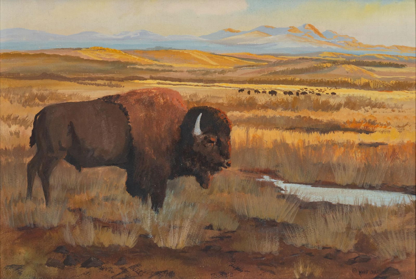 Mark Ogle, "Buffalo": Mark Ogle, "Buffalo", watercolor sight: 14 x 21 in., frame: 26 x 32.5 in. Provenance: Property from an Oklahoma City, Oklahoma corporate collection We happily provide seamless shipping serv