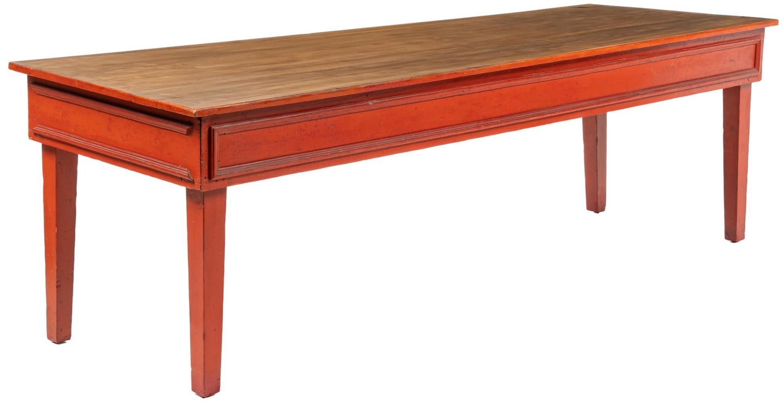 Farmhouse Harvest Table: Wooden farmhouse harvest table, supported on tapering block leg, red paint height 29.5 in. x width 96 in. x depth 32 in. Provenance: Property from a Tomball, Texas collection We happily provide seamle