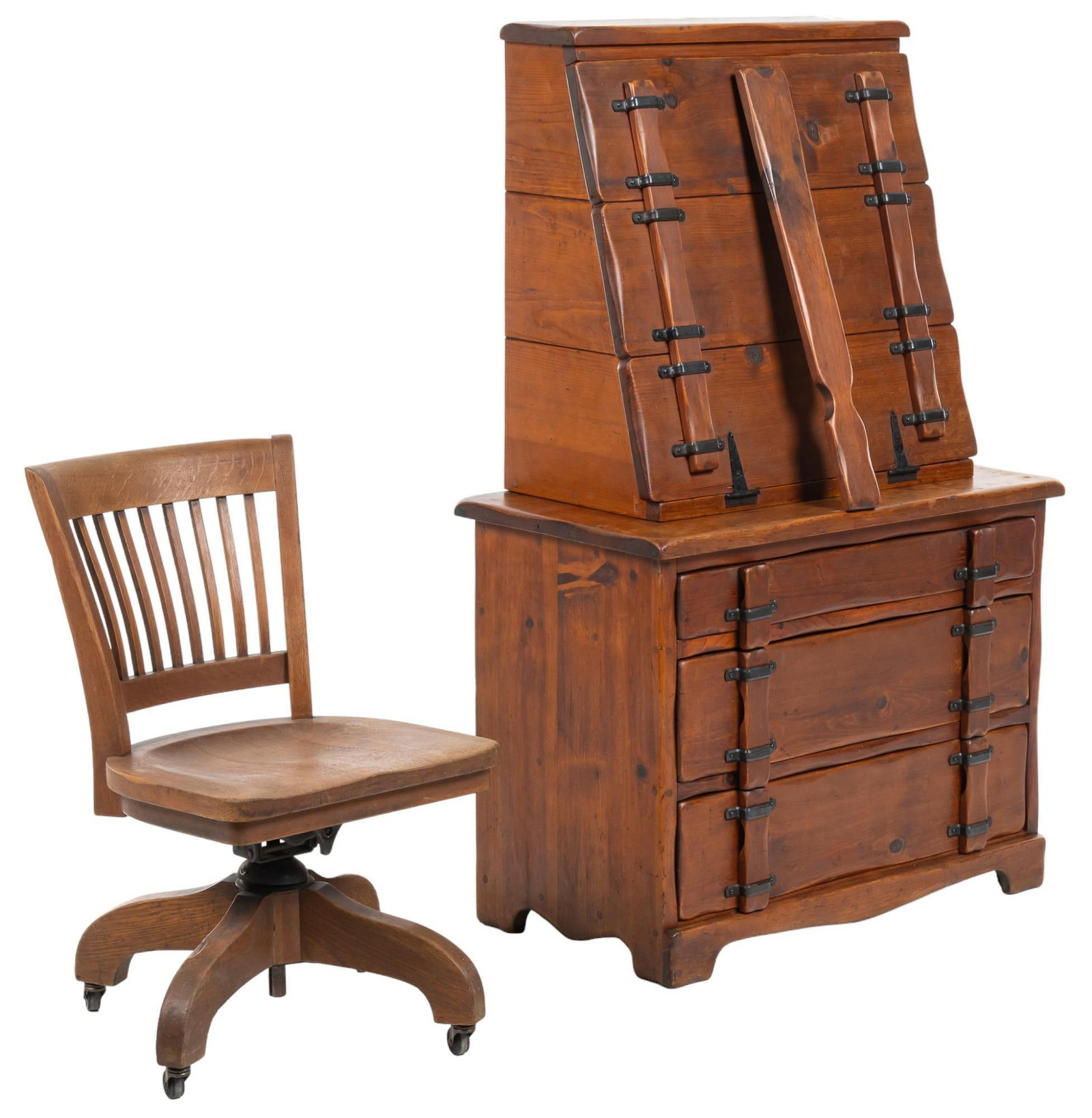 W.R. Dallas "Chuck Wagon" Secretary Desk and Chair: W.R Dallas (San Antonio, Texas) "Chuck Wagon" drop-front secretary desk, with drop down front, opening to supported writing surface, pigeon holes, above three drawers, featuring iron banding a