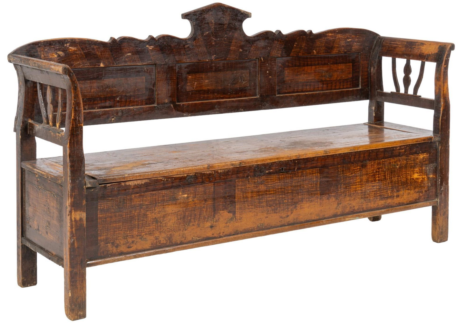 Rustic Hallway Bench: Rustic farmhouse hall bench, carved back, hinged seat opens to storage compartment height 44 in. x width 78 in. x depth 19.5 in. We happily provide seamless shipping services on everything we sell. Pl