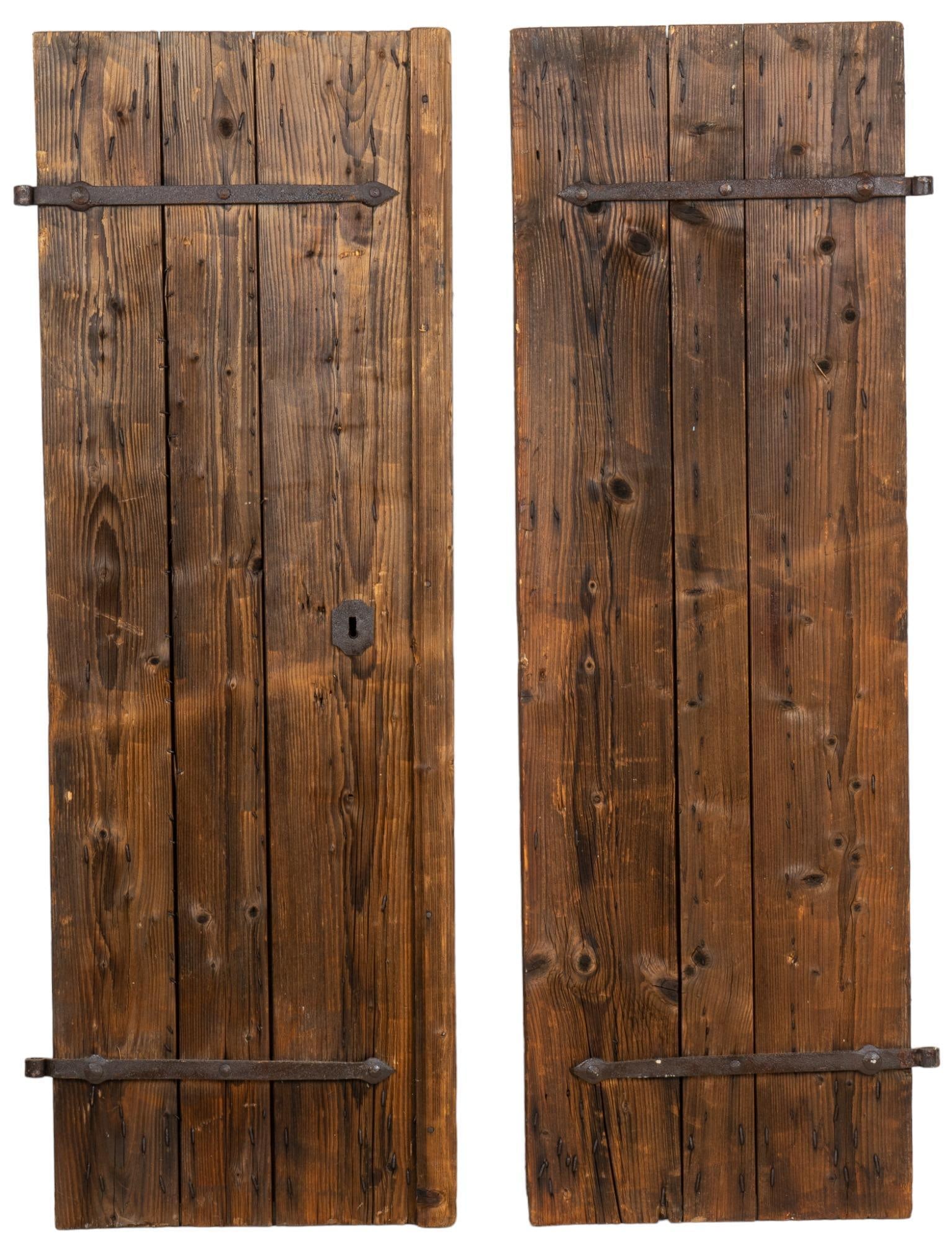 Pair of Rustic Architectural Doors: Pair of rustic architectural doors, with metal hardware height 74 in. x width 48 in. x depth 2 in. / each We happily provide seamless shipping services on everything we sell. Please email us at shippi