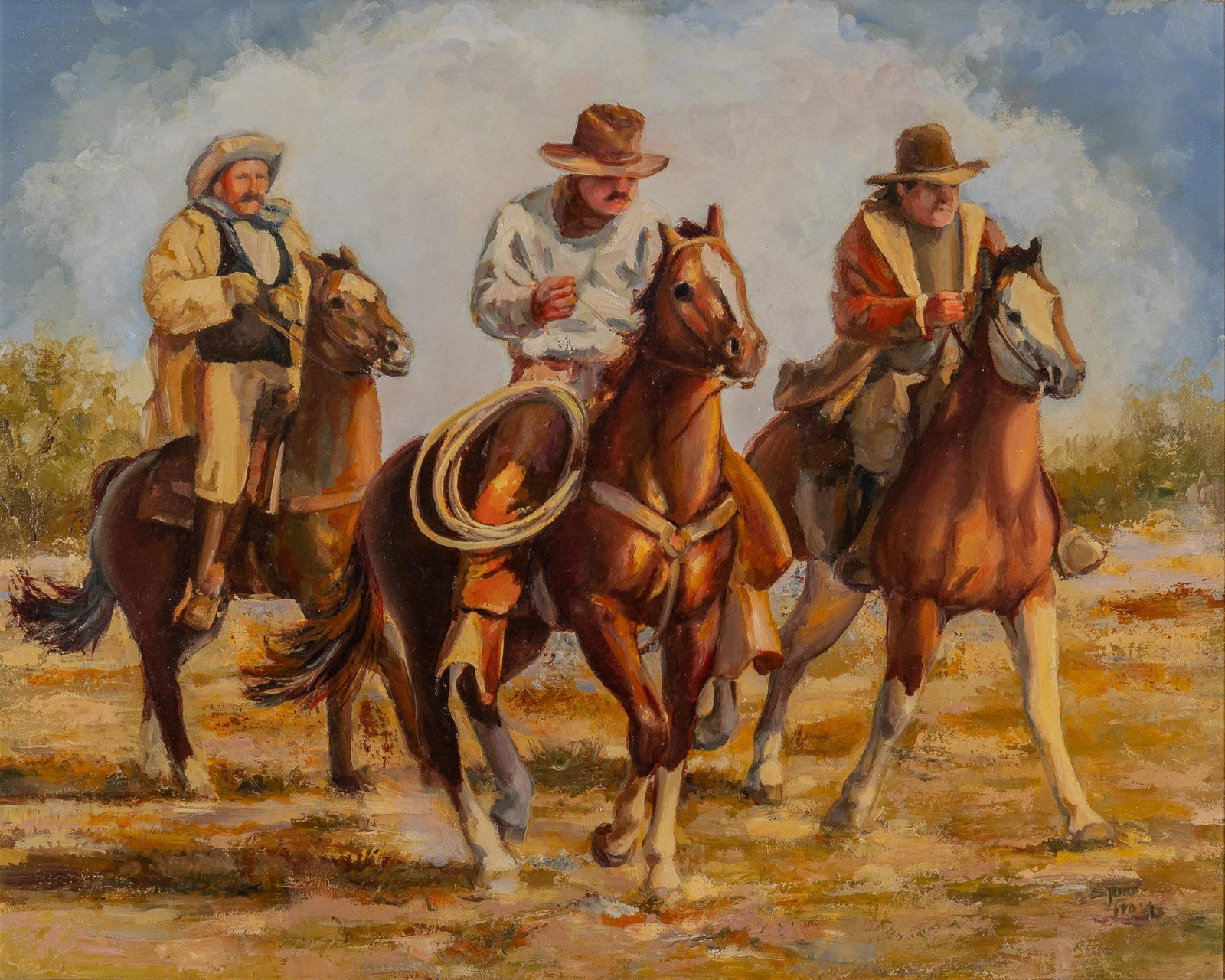 Joan Frost, Three Cowboys: Joan Frost, three cowboys, oil on canvas sight: 16 x 20 in., frame: 24 x 28.5 in. Provenance: Property from a San Antonio, Texas collection We happily provide seamless shipping services on everything 
